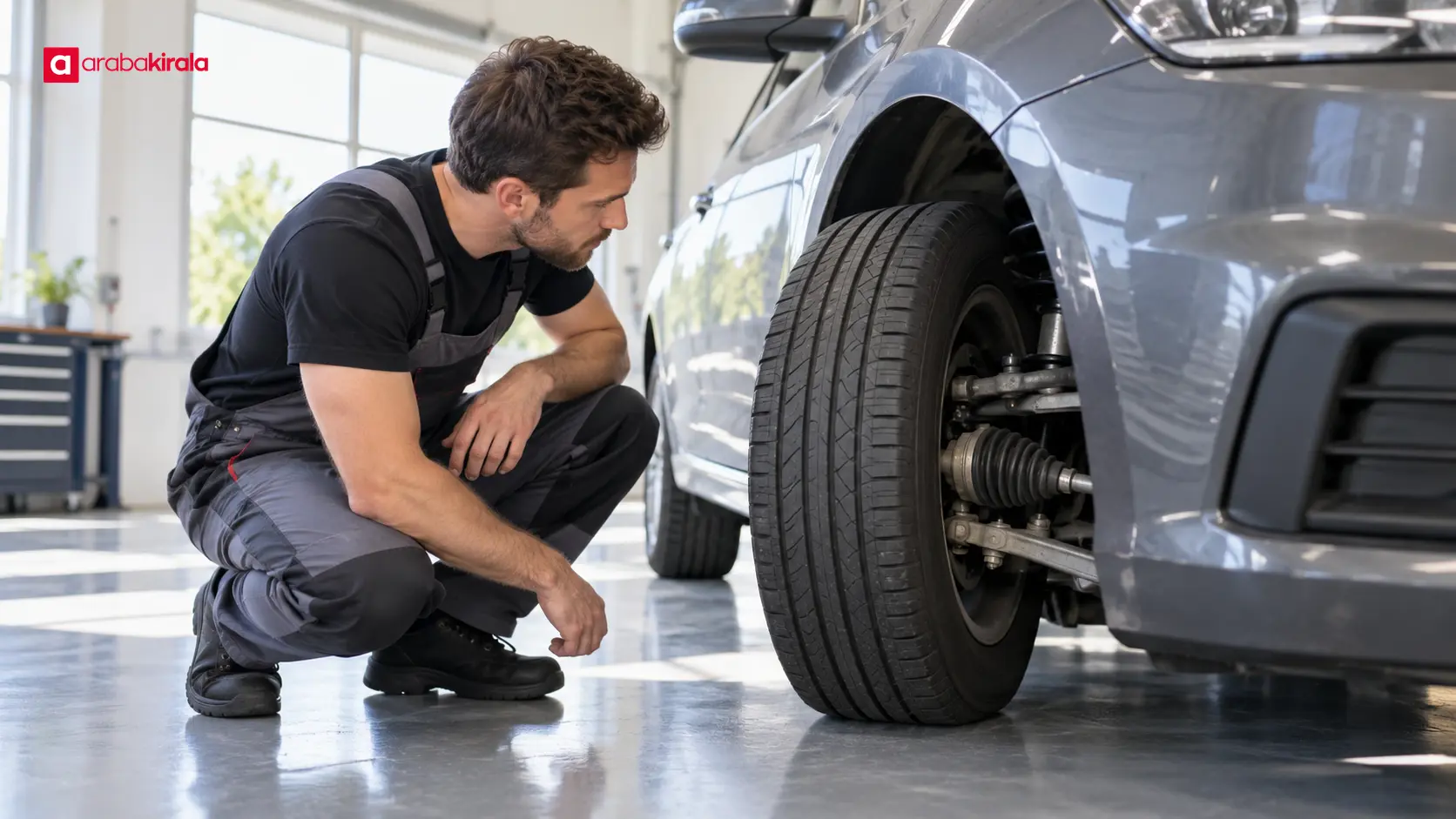 Teknisyen otomobilin ön tekerleklerini ve direksiyon bağlantılarını kontrol ediyor