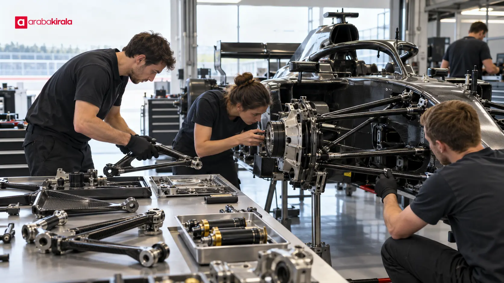 Formula 1 garajında yarış otomobili üzerinde çalışan teknik ekip