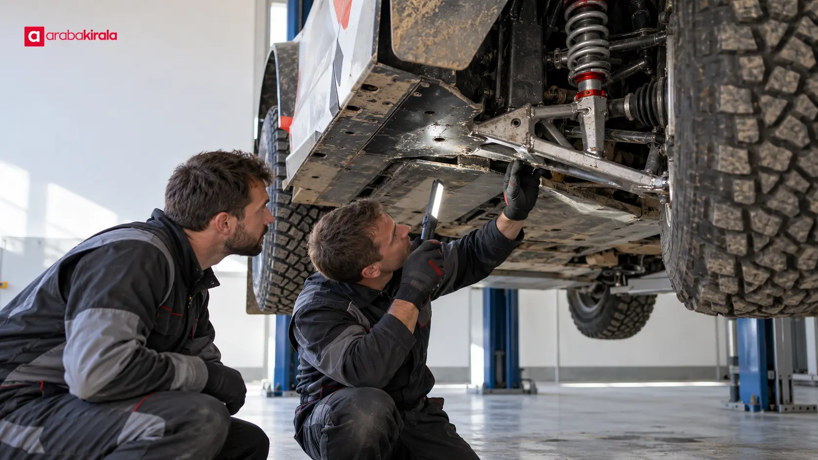 Lift üzerindeki ralli otomobilinin alt gövdesini ve tekerlek çevresini inceleyen teknisyenler Lift üzerindeki ralli otomobilinin alt gövdesini ve tekerlek çevresini inceleyen teknisyenler