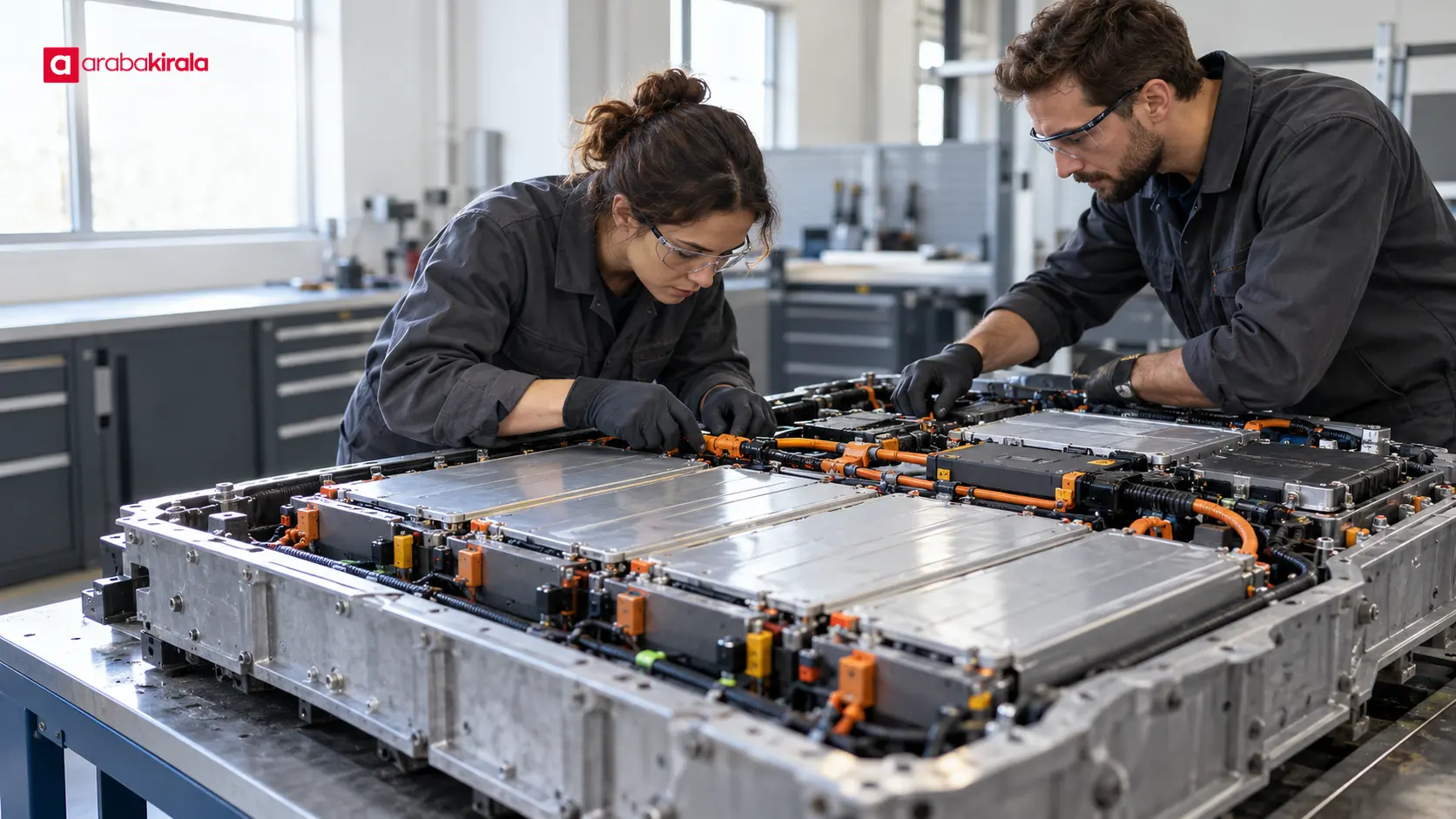 Elektrikli araç batarya paketindeki hücre modüllerini inceleyen teknisyenler