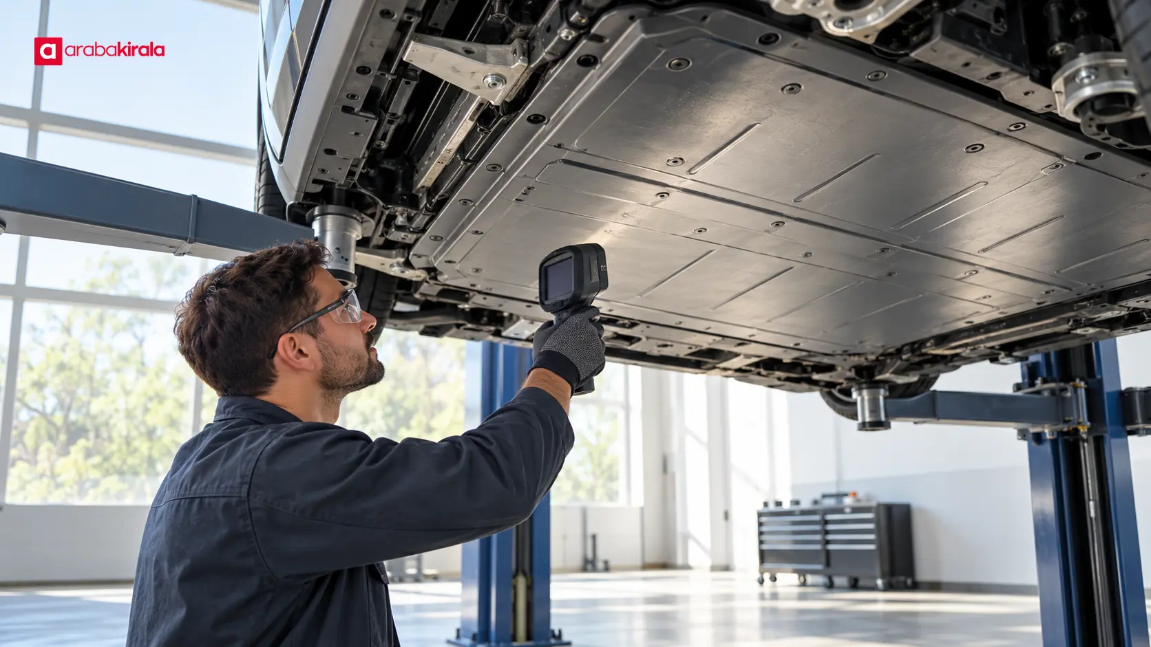 Servis ortamında elektrikli araç batarya muhafazasını kontrol eden uzman