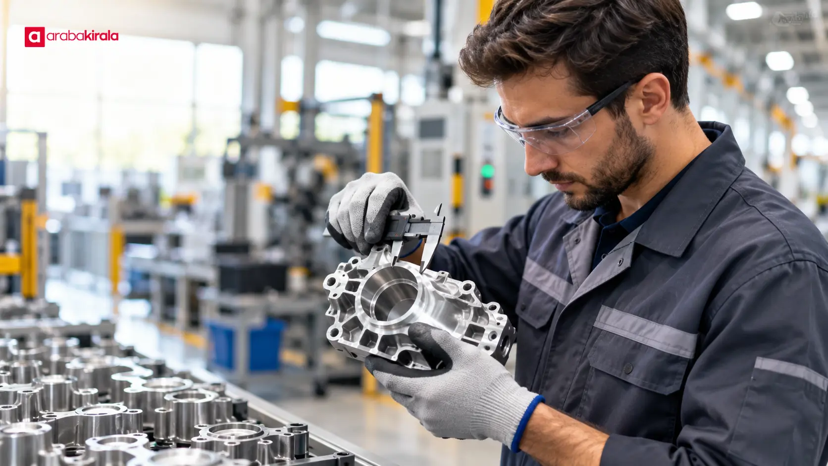 Üretim hattında otomotiv parçasını ölçüm cihazıyla inceleyen kalite uzmanı Üretim hattında otomotiv parçasını ölçüm cihazıyla inceleyen kalite uzmanı