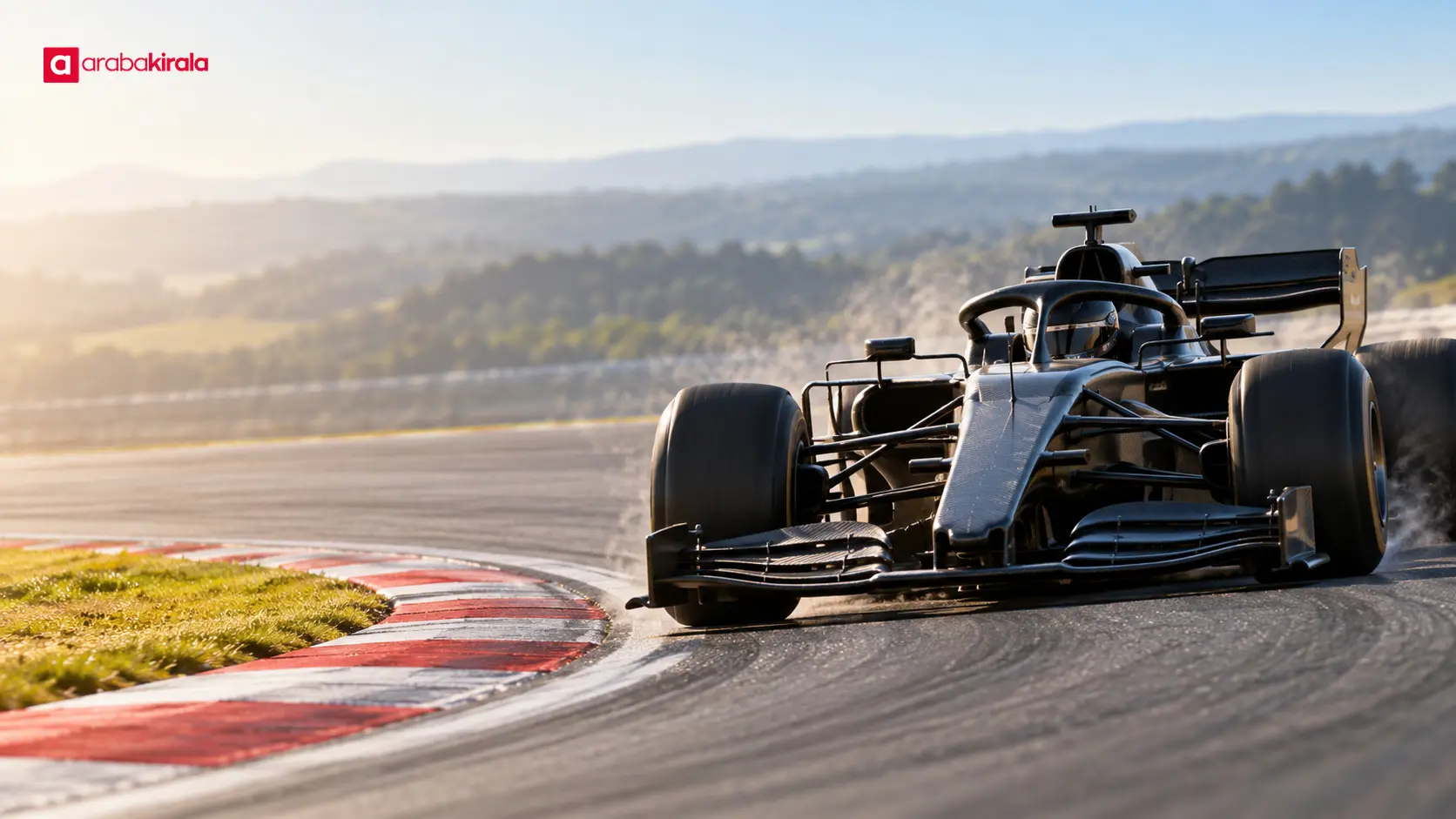Viraj çıkışında lastiklerini ve frenlerini yöneten Formula 1 otomobili