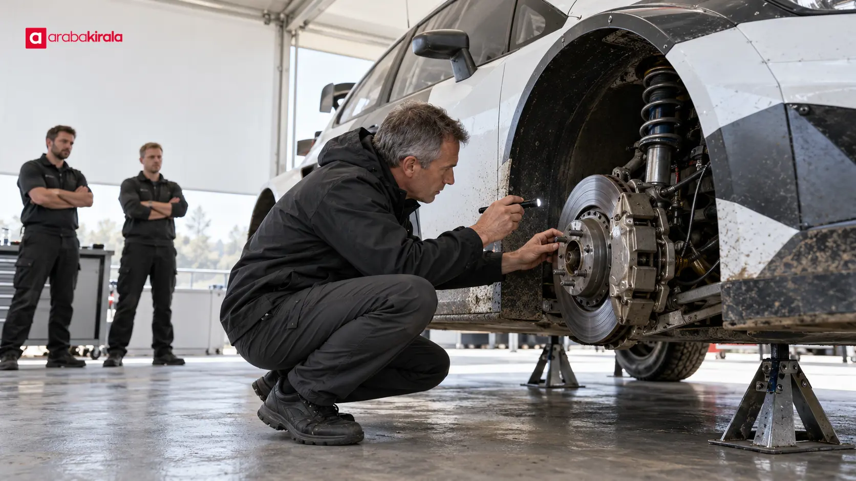 Ralli otomobilinin tekerlek ve fren çevresinin teknik kontrolü