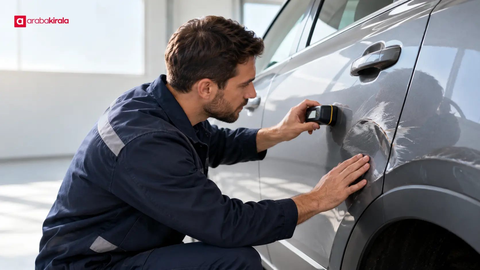Ekspertiz alanında otomobilin kaporta hasarını inceleyen teknisyen Ekspertiz alanında otomobilin kaporta hasarını inceleyen teknisyen