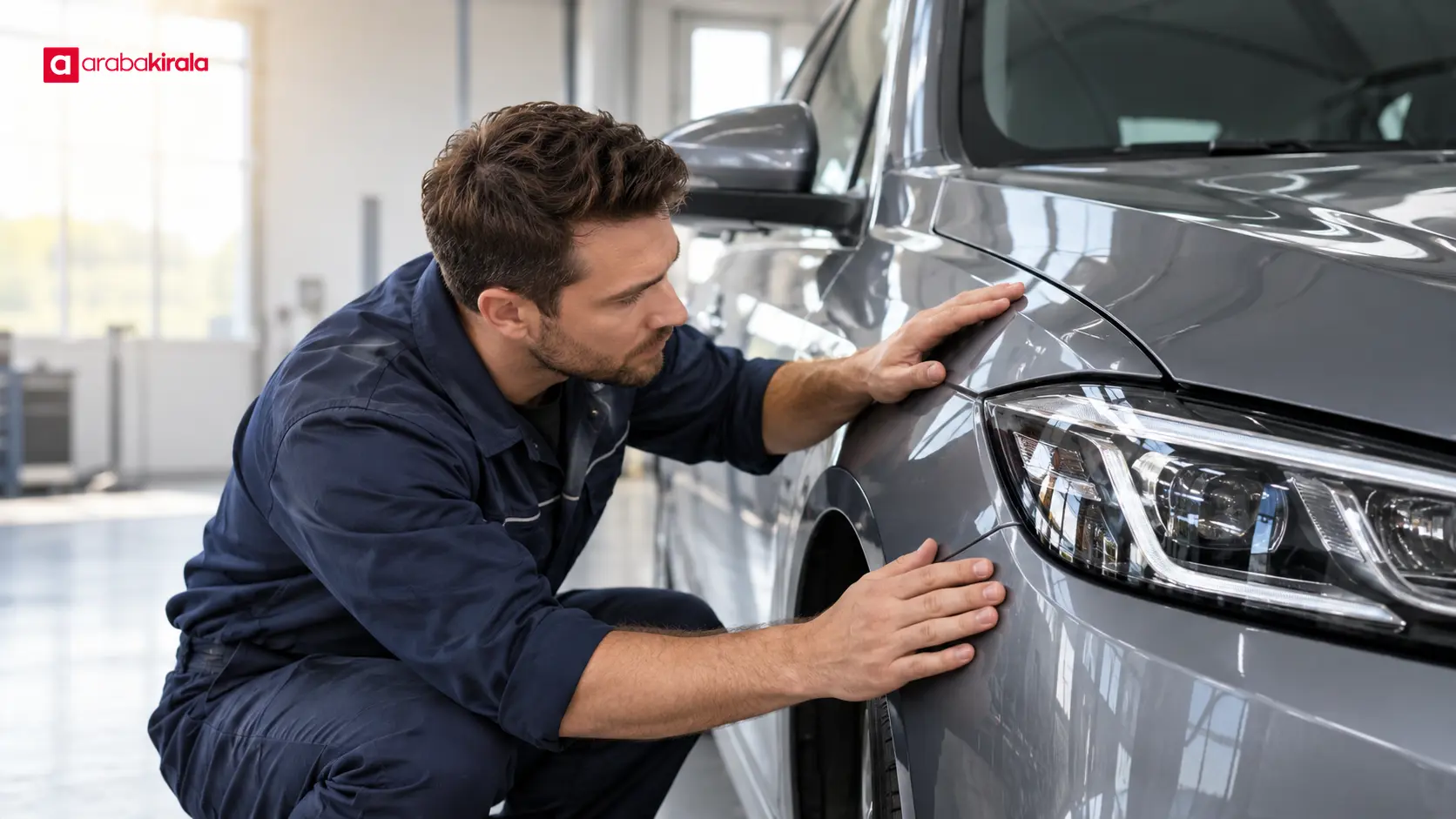 Onarım sonrası otomobilin dış aksamını kontrol eden teknisyen Onarım sonrası otomobilin dış aksamını kontrol eden teknisyen