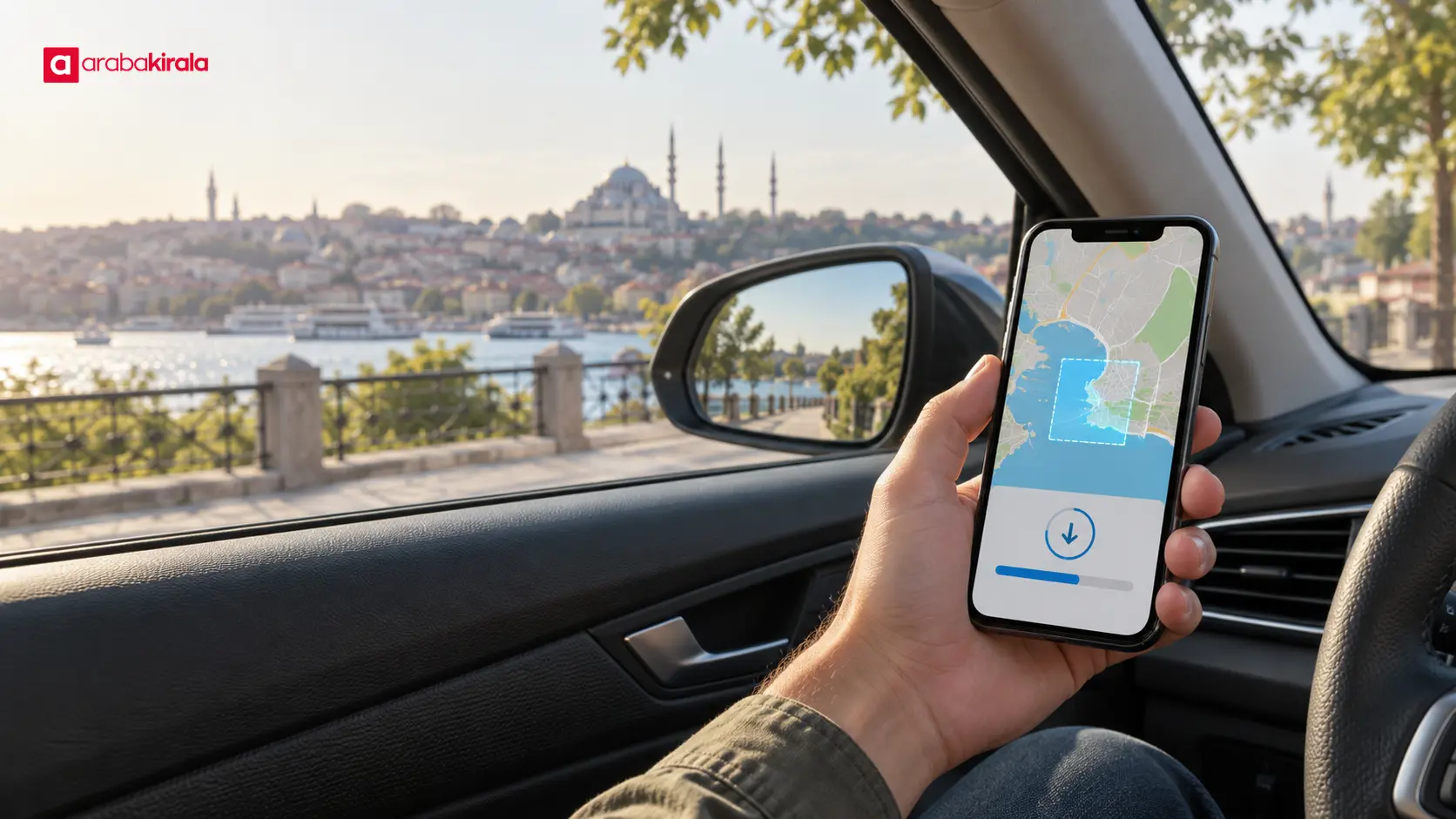 Araç park hâlindeyken telefona İstanbul çevresinin çevrimdışı haritasını indiren sürücü Araç park hâlindeyken telefona İstanbul çevresinin çevrimdışı haritasını indiren sürücü