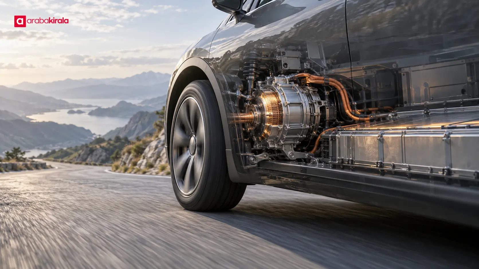 Yavaşlama sırasında tekerleklerden motora ve bataryaya enerji akışını simgeleyen elektrikli araç detayı Yavaşlama sırasında tekerleklerden motora ve bataryaya enerji akışını simgeleyen elektrikli araç detayı