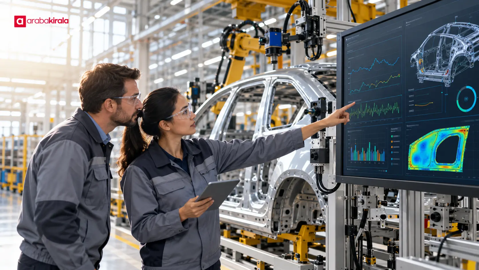 Otomotiv fabrikasında üretim hattı verilerini inceleyen çalışanlar Otomotiv fabrikasında üretim hattı verilerini inceleyen çalışanlar