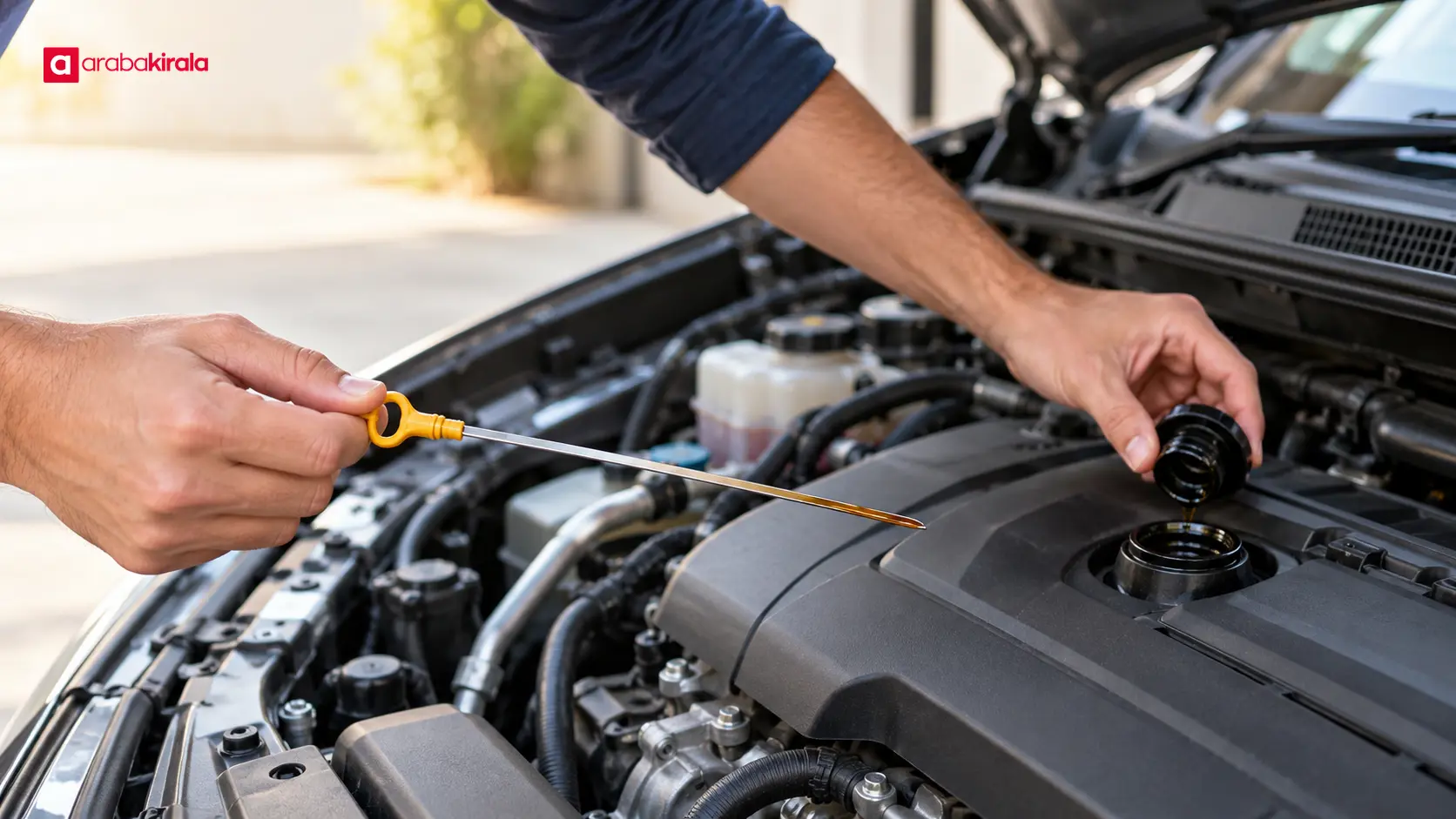 Motor yağı seviyesini yağ çubuğuyla kontrol eden sürücü Motor yağı seviyesini yağ çubuğuyla kontrol eden sürücü