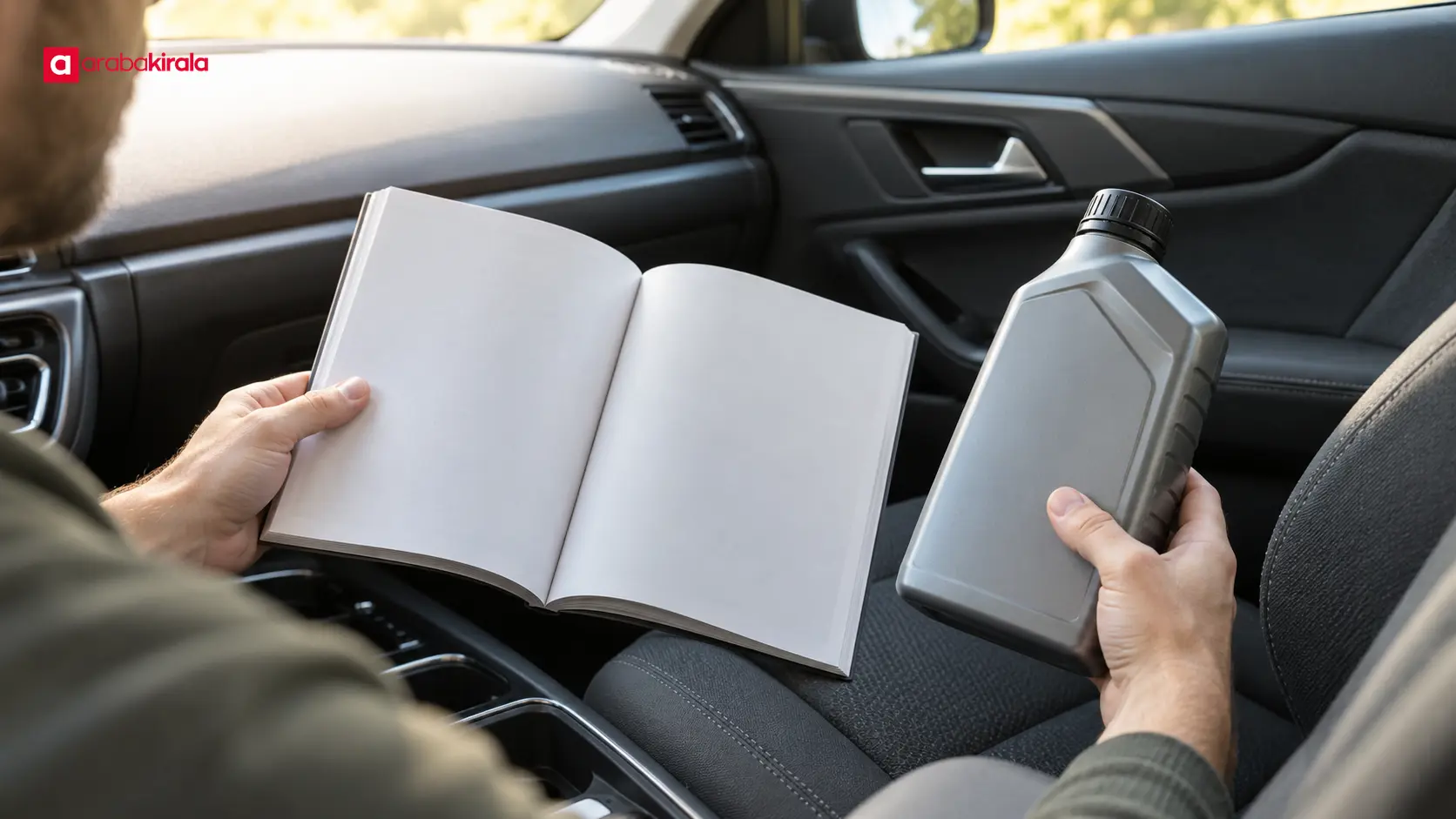 Araç kullanım kılavuzunun yanında etiketsiz motor yağı şişesi Araç kullanım kılavuzunun yanında etiketsiz motor yağı şişesi