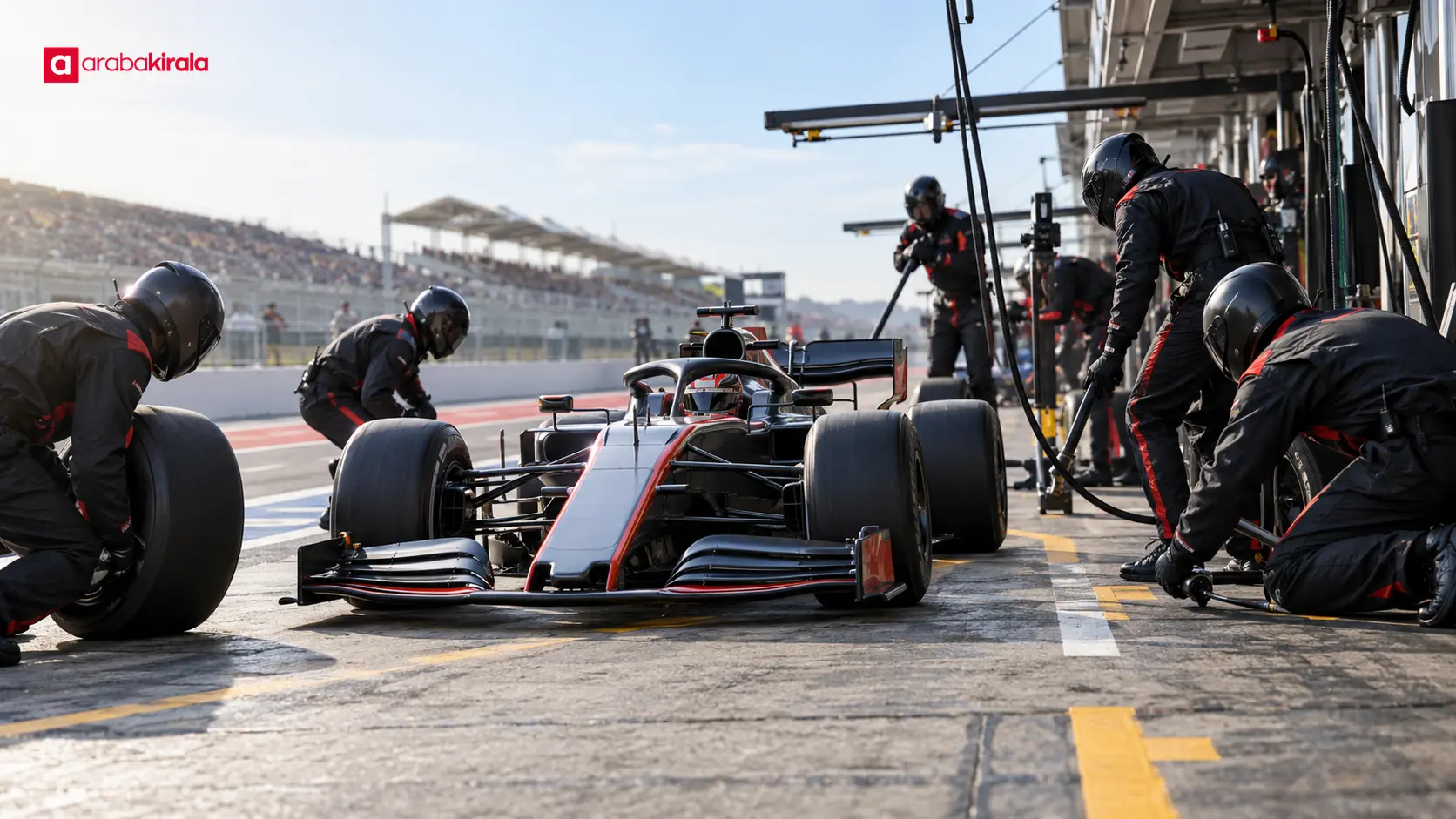 Pit alanında lastik değişimine hazırlanan ekip ve pit yoluna giren Formula 1 aracı