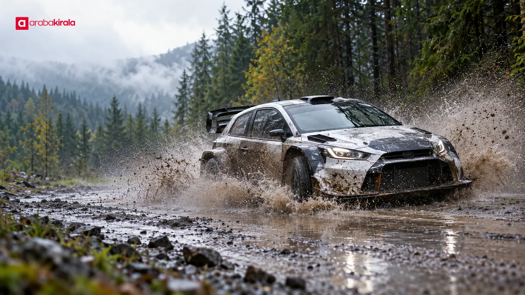 Yağmur sonrası çamurlu ralli etabında su birikintisinden geçen ralli otomobili Yağmur sonrası çamurlu ralli etabında su birikintisinden geçen ralli otomobili