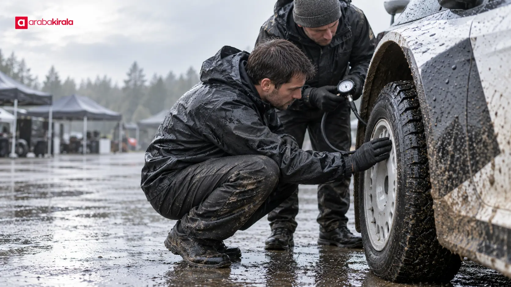 Islak etap öncesinde ralli otomobilinin lastiklerini inceleyen ekip Islak etap öncesinde ralli otomobilinin lastiklerini inceleyen ekip