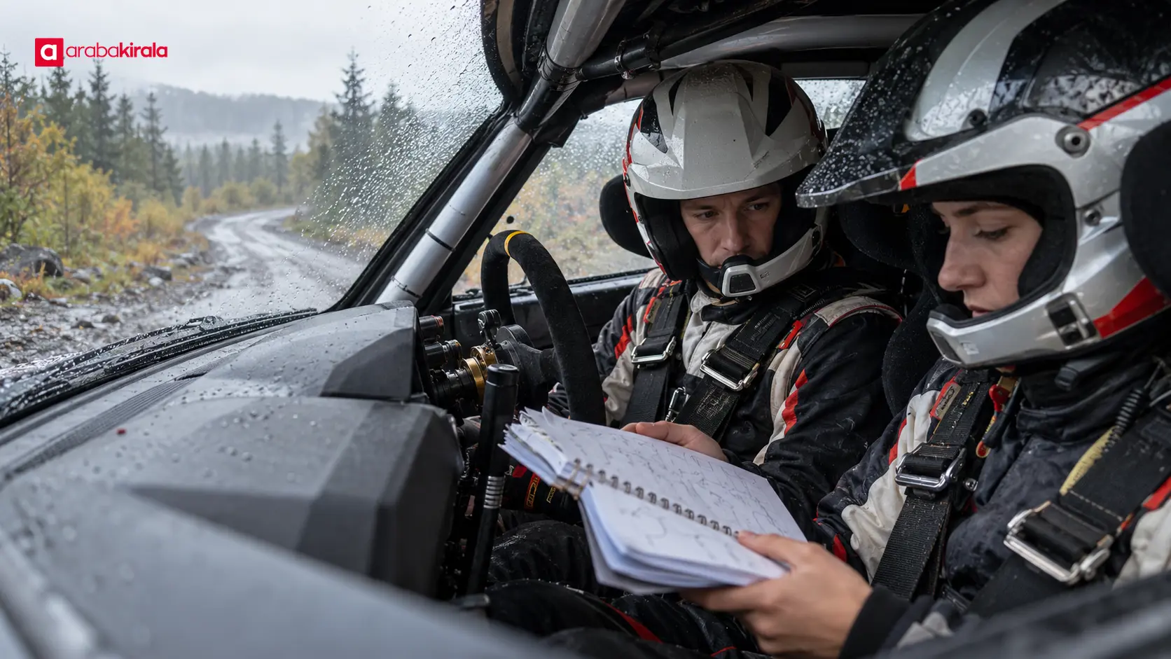 Yağmurlu etap öncesinde notlarını gözden geçiren pilot ve yardımcı pilot Yağmurlu etap öncesinde notlarını gözden geçiren pilot ve yardımcı pilot