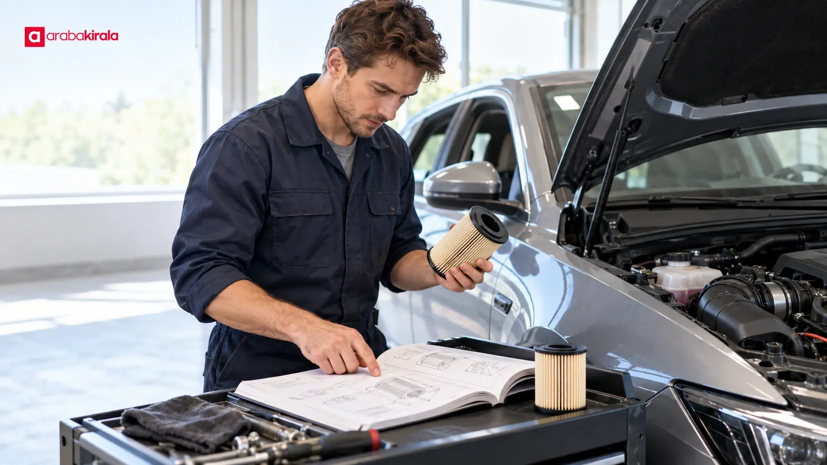 Teknisyenin araç bakımında yedek parçayı ve servis bilgilerini kontrol etmesi Teknisyenin araç bakımında yedek parçayı ve servis bilgilerini kontrol etmesi