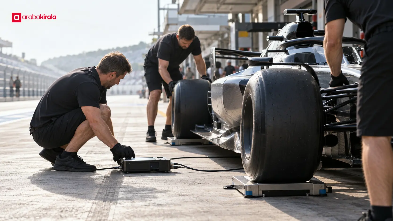Pit alanında teknik ekip tarafından tartılan Formula 1 aracı Pit alanında teknik ekip tarafından tartılan Formula 1 aracı