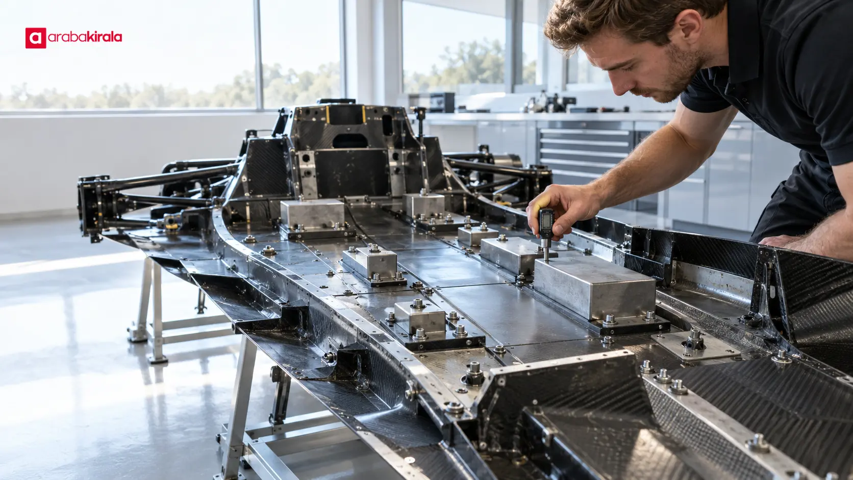 Teknik atölyede araca yerleştirilecek metal balast parçaları ve ölçüm yapan mühendis Teknik atölyede araca yerleştirilecek metal balast parçaları ve ölçüm yapan mühendis