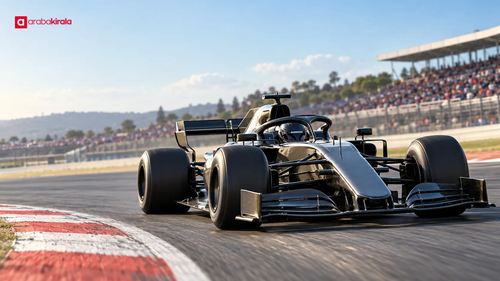 Virajda yere yakın gövdesi ve lastikleriyle ilerleyen Formula 1 aracı Virajda yere yakın gövdesi ve lastikleriyle ilerleyen Formula 1 aracı