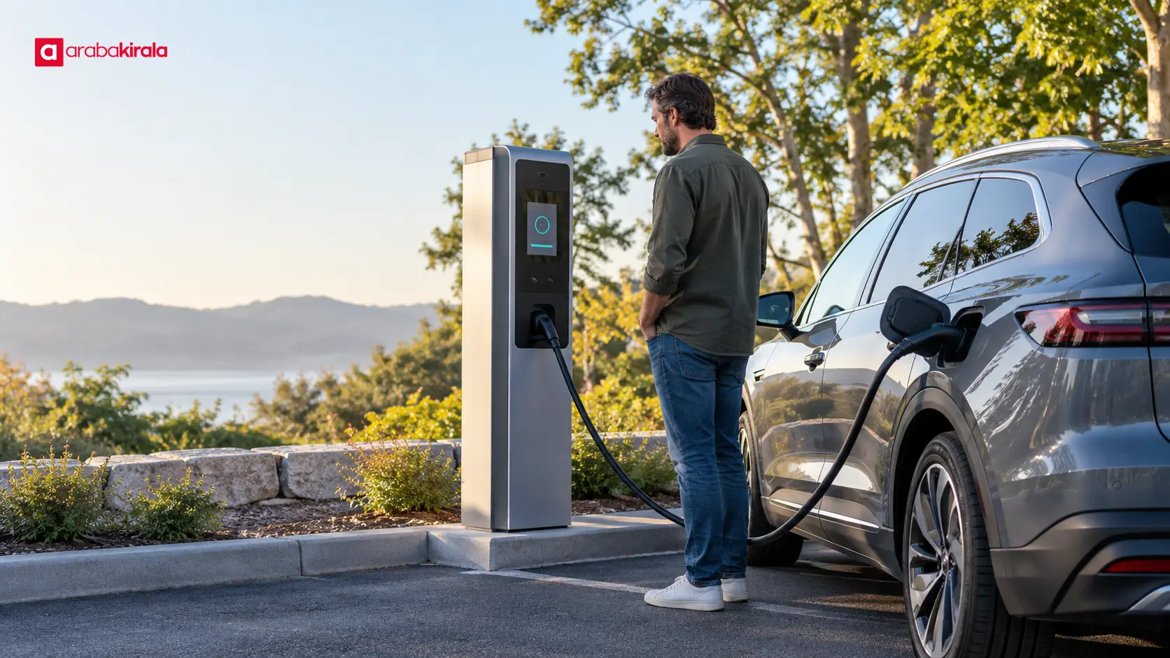 Şarj sırasında elektrikli aracın gösterge ekranını kontrol eden sürücü Şarj sırasında elektrikli aracın gösterge ekranını kontrol eden sürücü