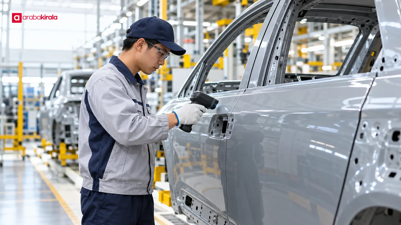 Otomotiv montaj hattında bir bileşeni el tipi tarayıcıyla kontrol eden çalışan Otomotiv montaj hattında bir bileşeni el tipi tarayıcıyla kontrol eden çalışan