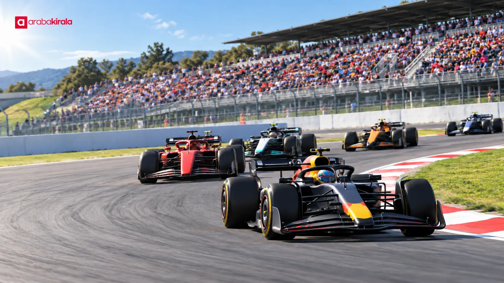 Formula 1 yarışında virajı dönen otomobiller ve tribünler Formula 1 yarışında virajı dönen otomobiller ve tribünler