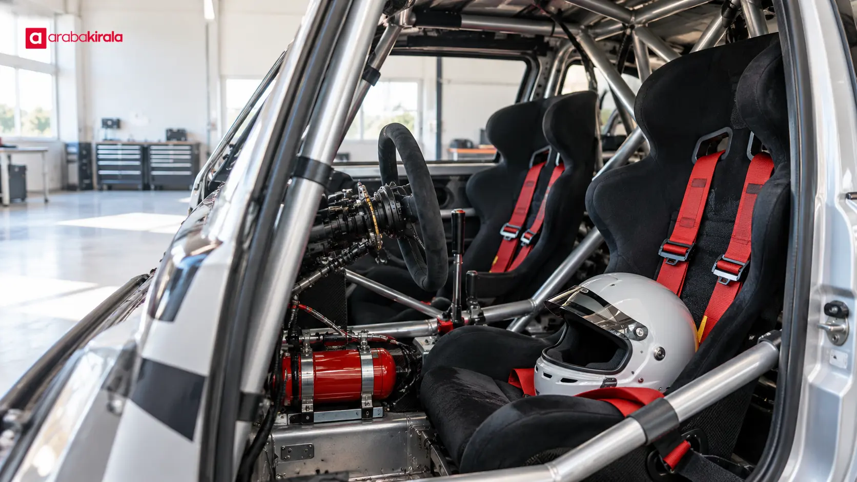 Ralli otomobilinin kokpitinde güvenlik kafesi, yarış koltukları, kemerler ve yangın söndürme donanımı Ralli otomobilinin kokpitinde güvenlik kafesi, yarış koltukları, kemerler ve yangın söndürme donanımı