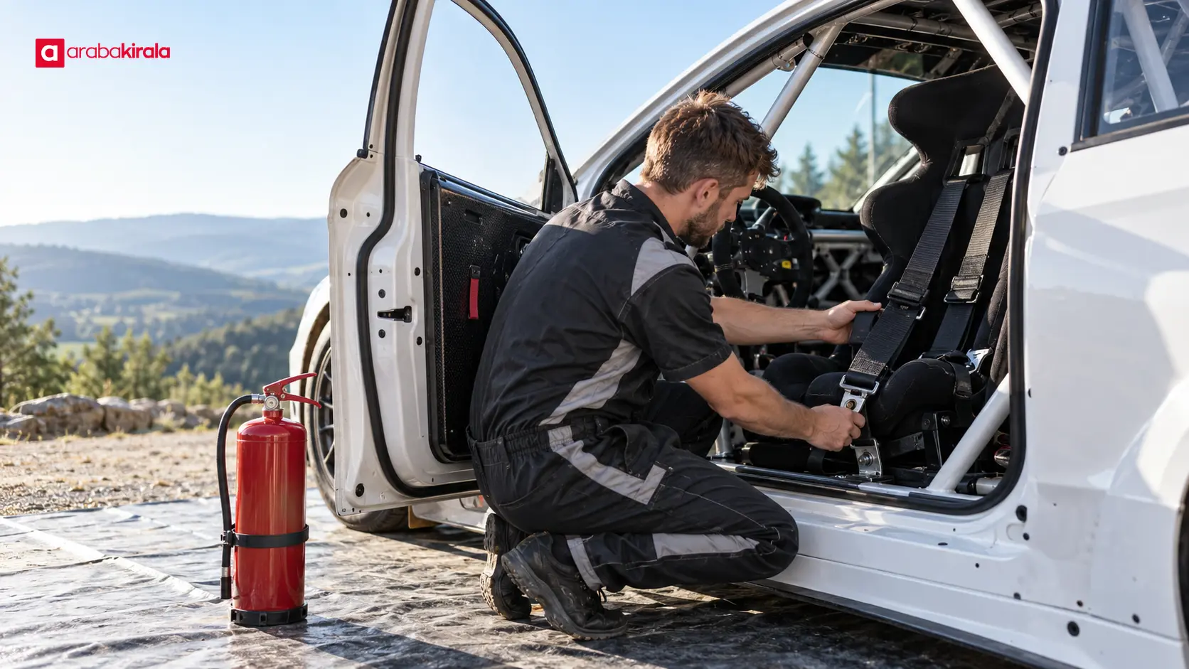 Servis alanında ralli otomobilinin koltuk, kemer bağlantıları ve yangın söndürücüsünü inceleyen teknisyen Servis alanında ralli otomobilinin koltuk, kemer bağlantıları ve yangın söndürücüsünü inceleyen teknisyen