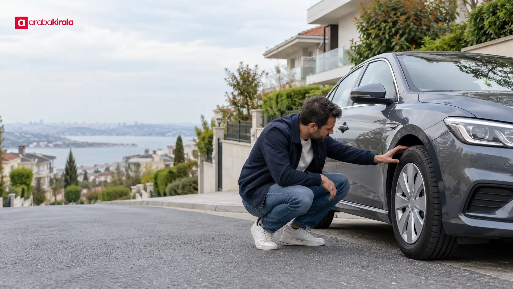 Sürücü, eğimli yollara çıkmadan önce otomobilin lastiklerini kontrol ediyor Sürücü, eğimli yollara çıkmadan önce otomobilin lastiklerini kontrol ediyor