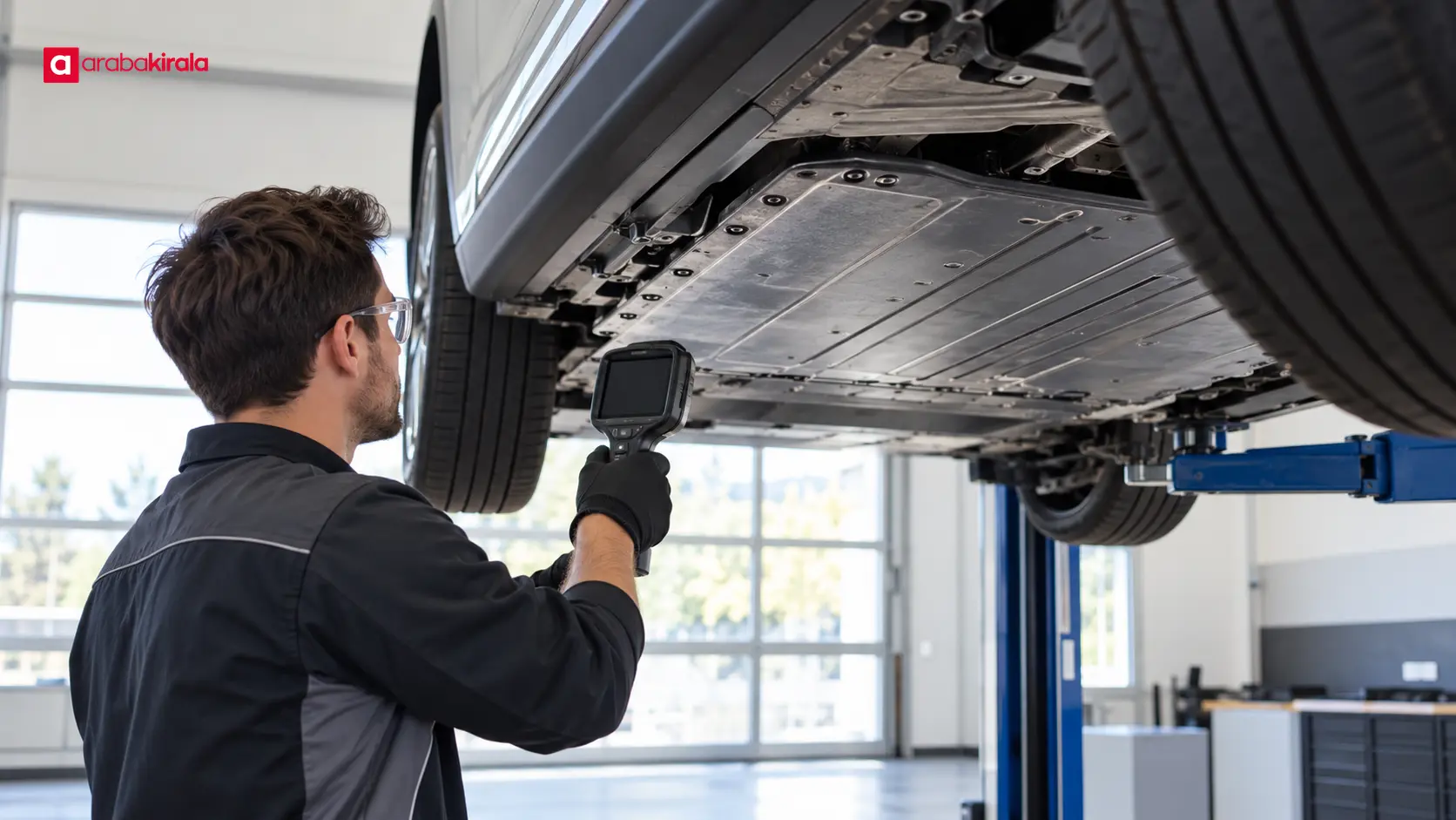 Servis alanında elektrikli aracın batarya bölümünü görsel olarak inceleyen teknisyen Servis alanında elektrikli aracın batarya bölümünü görsel olarak inceleyen teknisyen