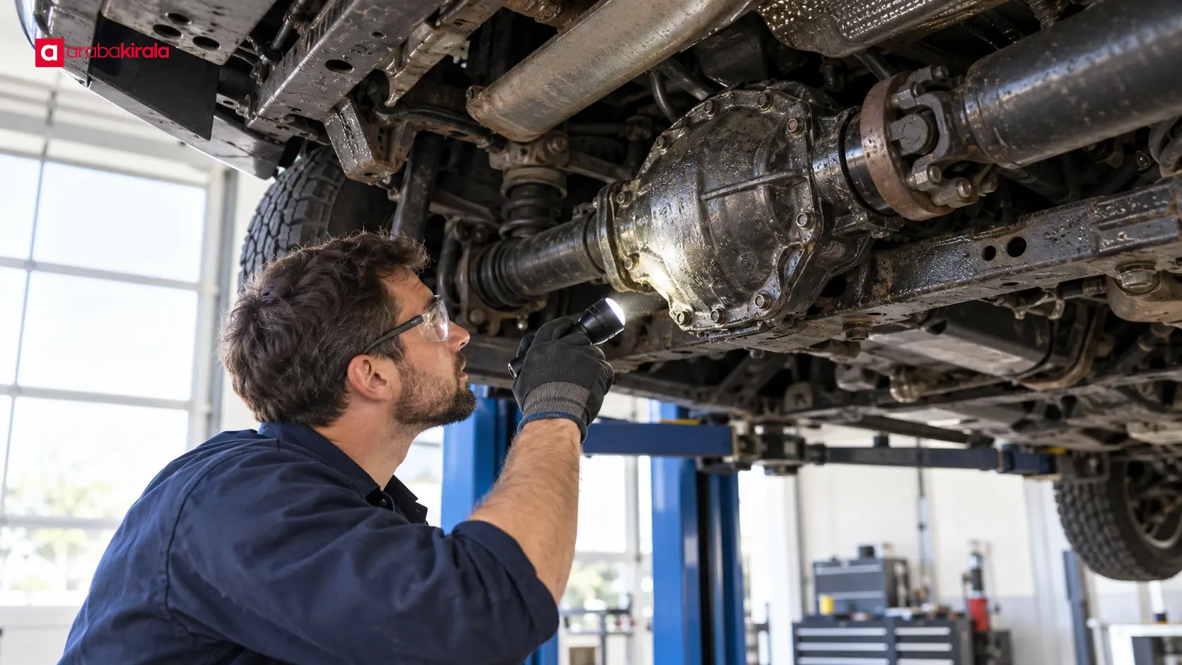 Lift üzerindeki otomobilin diferansiyel gövdesini inceleyen teknisyen