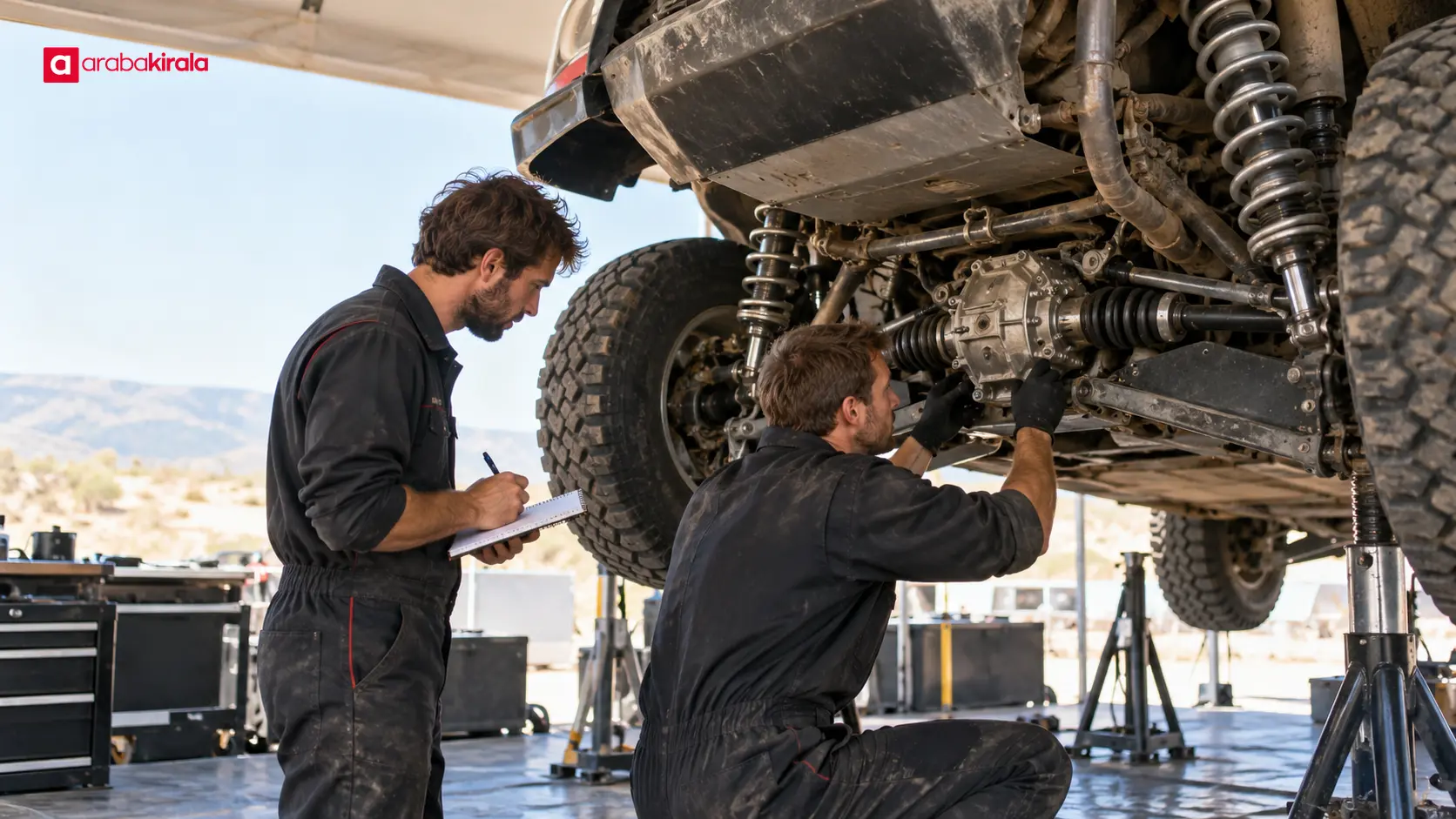 Servis alanında ralli otomobilinin diferansiyel ve aktarma parçalarını inceleyen teknisyenler Servis alanında ralli otomobilinin diferansiyel ve aktarma parçalarını inceleyen teknisyenler