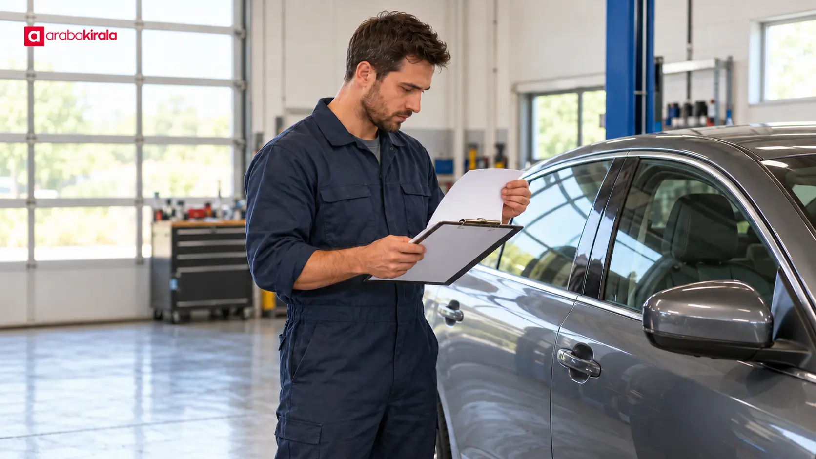 Onarımı tamamlanan otomobilin yanında fatura ve iş emrini inceleyen servis teknisyeni Onarımı tamamlanan otomobilin yanında fatura ve iş emrini inceleyen servis teknisyeni