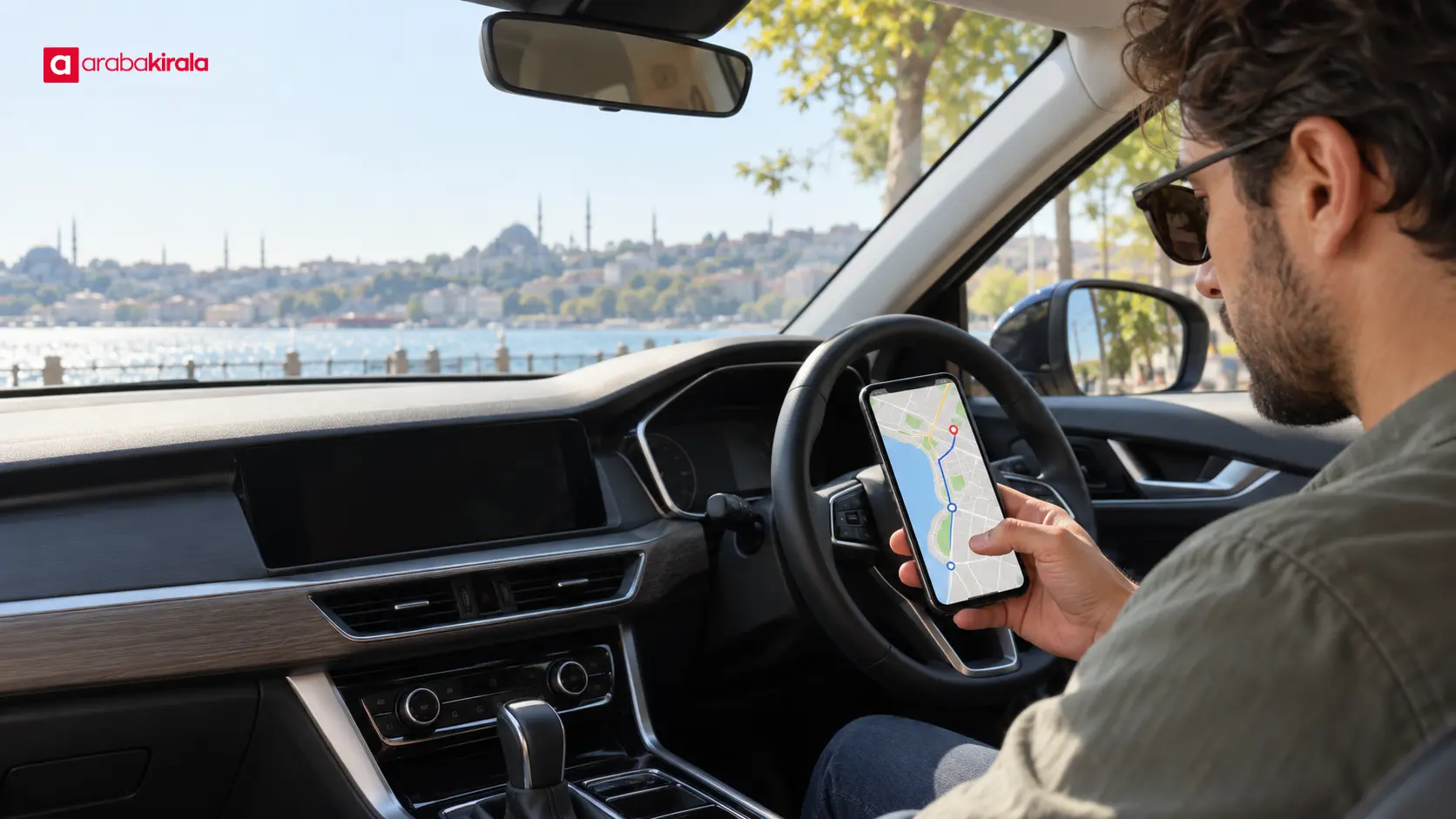 Yola çıkmadan önce park halindeki otomobilde rota kontrolü Yola çıkmadan önce park halindeki otomobilde rota kontrolü