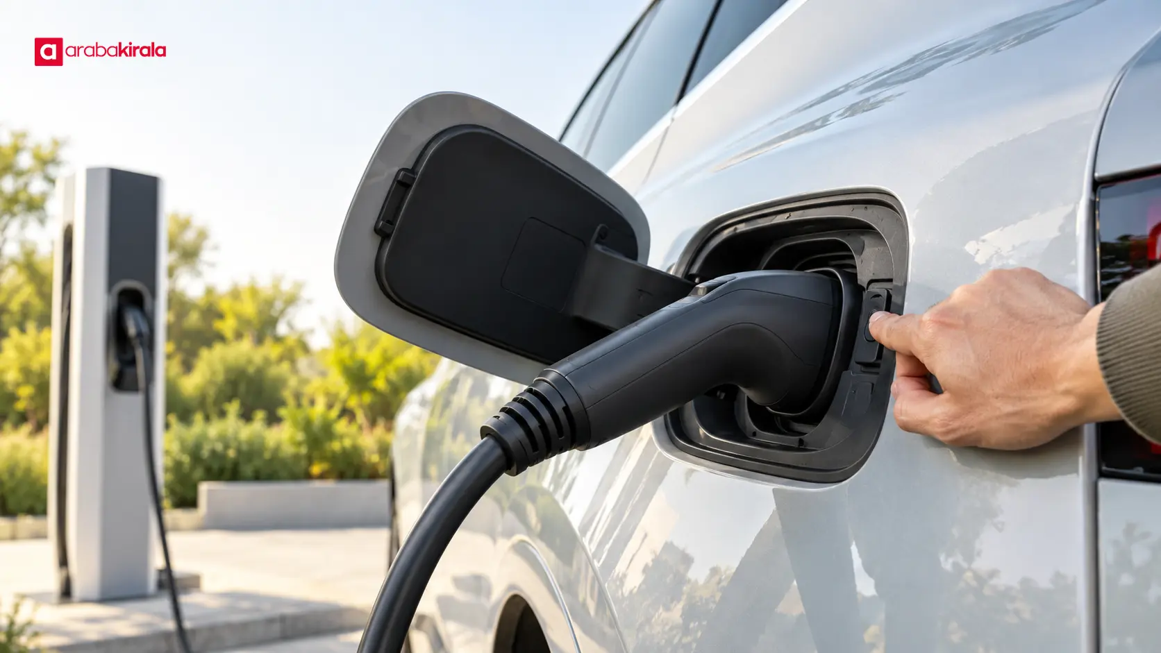 Sürücü, elektrikli aracın şarj girişindeki soketin kilidini kontrol ediyor Sürücü, elektrikli aracın şarj girişindeki soketin kilidini kontrol ediyor