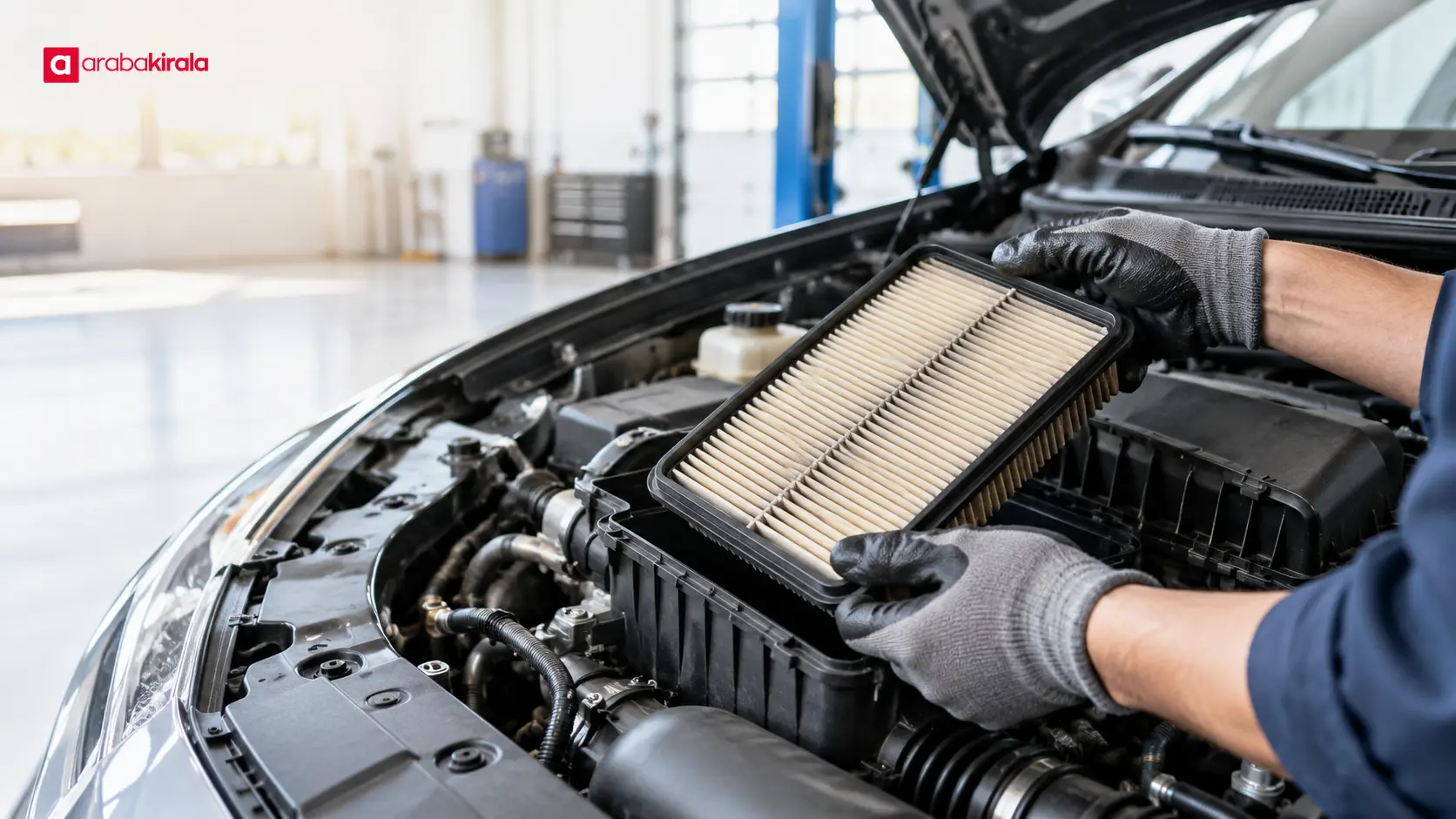 Teknisyenin otomobilin hava filtresini çıkarıp incelediği servis sahnesi