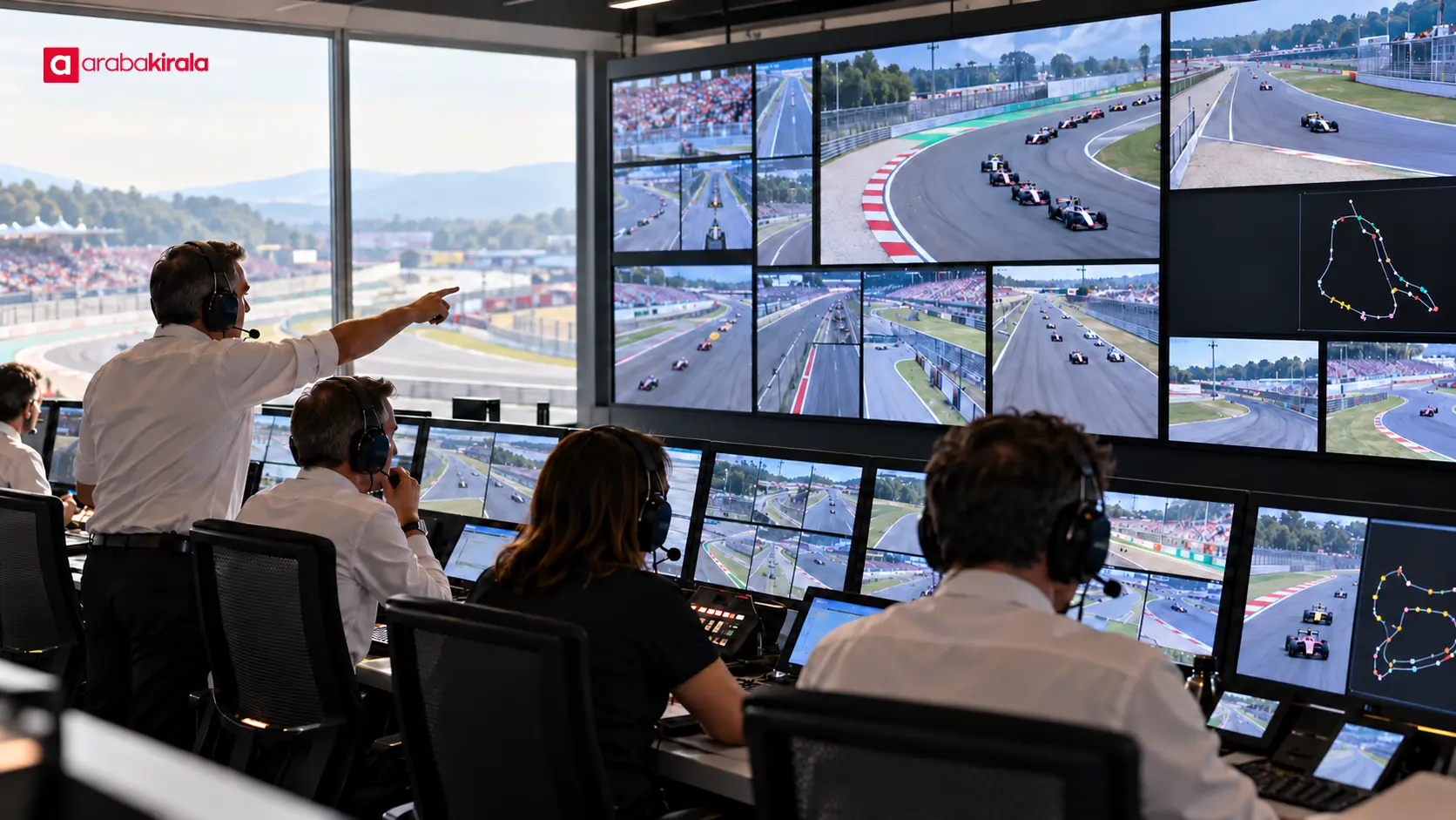 Formula 1 yarış kontrol odasında pist kameralarını ve araç konumlarını izleyen görevliler Formula 1 yarış kontrol odasında pist kameralarını ve araç konumlarını izleyen görevliler