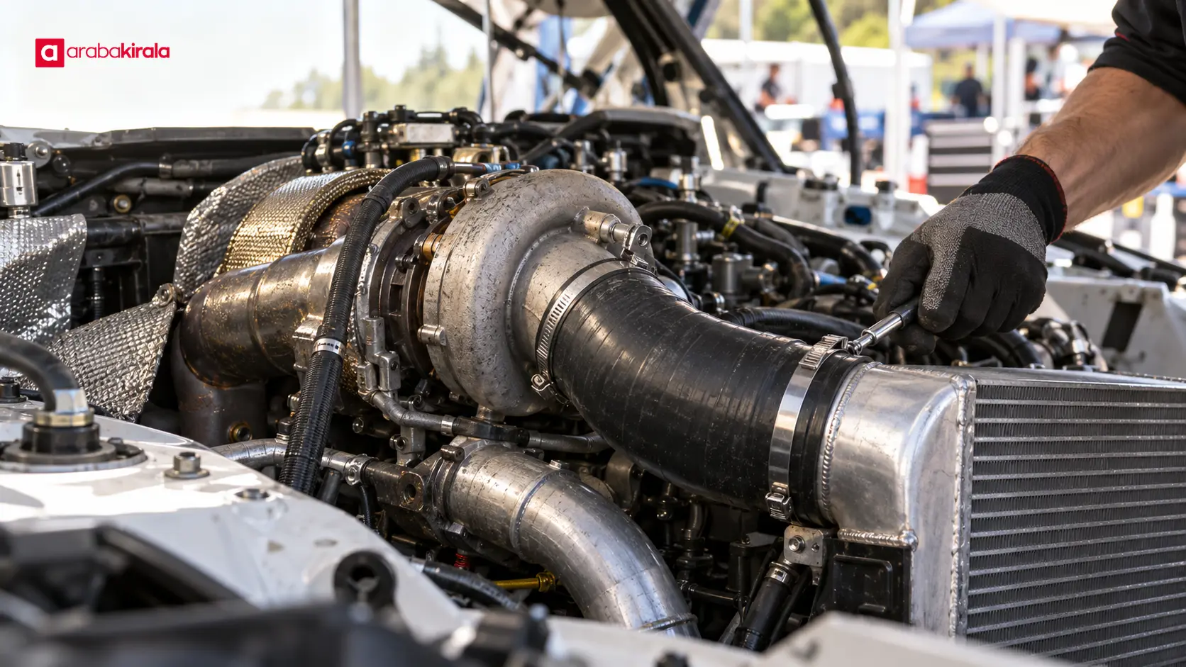 Ralli otomobilinin turboşarjı ve motor hava besleme boruları servis alanında inceleniyor Ralli otomobilinin turboşarjı ve motor hava besleme boruları servis alanında inceleniyor
