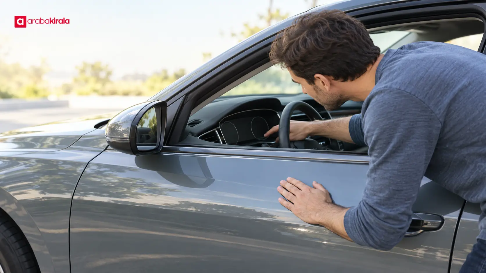Sürücünün araç tesliminde otomobilin durumunu ve kilometre göstergesini kontrol etmesi Sürücünün araç tesliminde otomobilin durumunu ve kilometre göstergesini kontrol etmesi