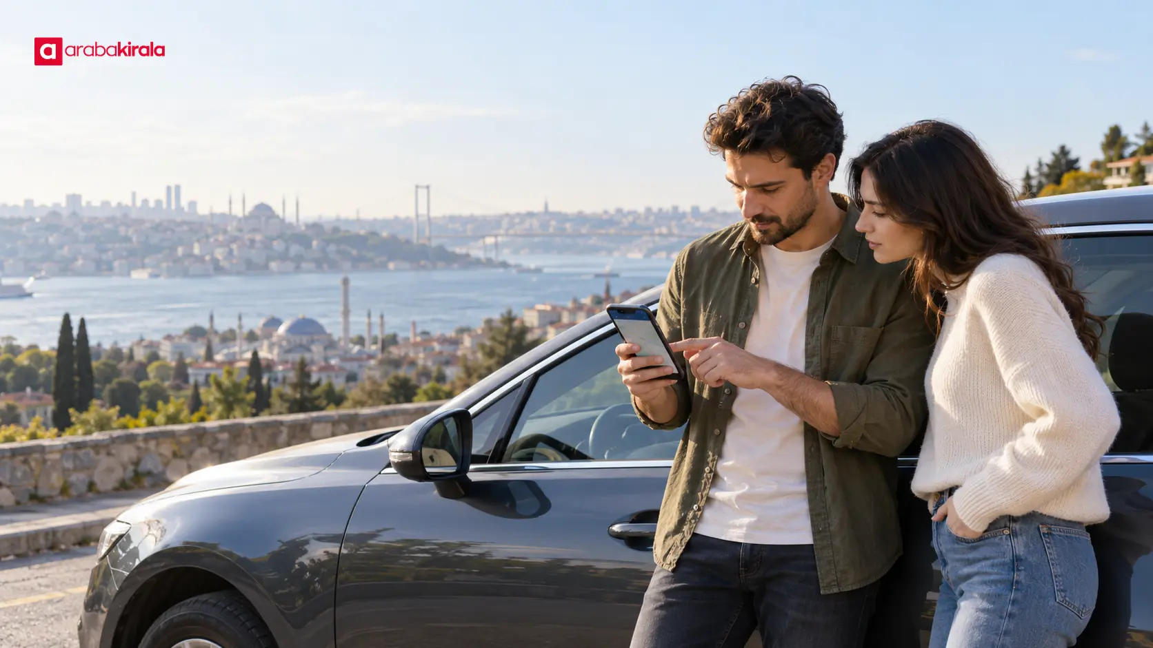 Güvenli bir yerde duran aracın yanında telefon haritasını kontrol eden yolcular