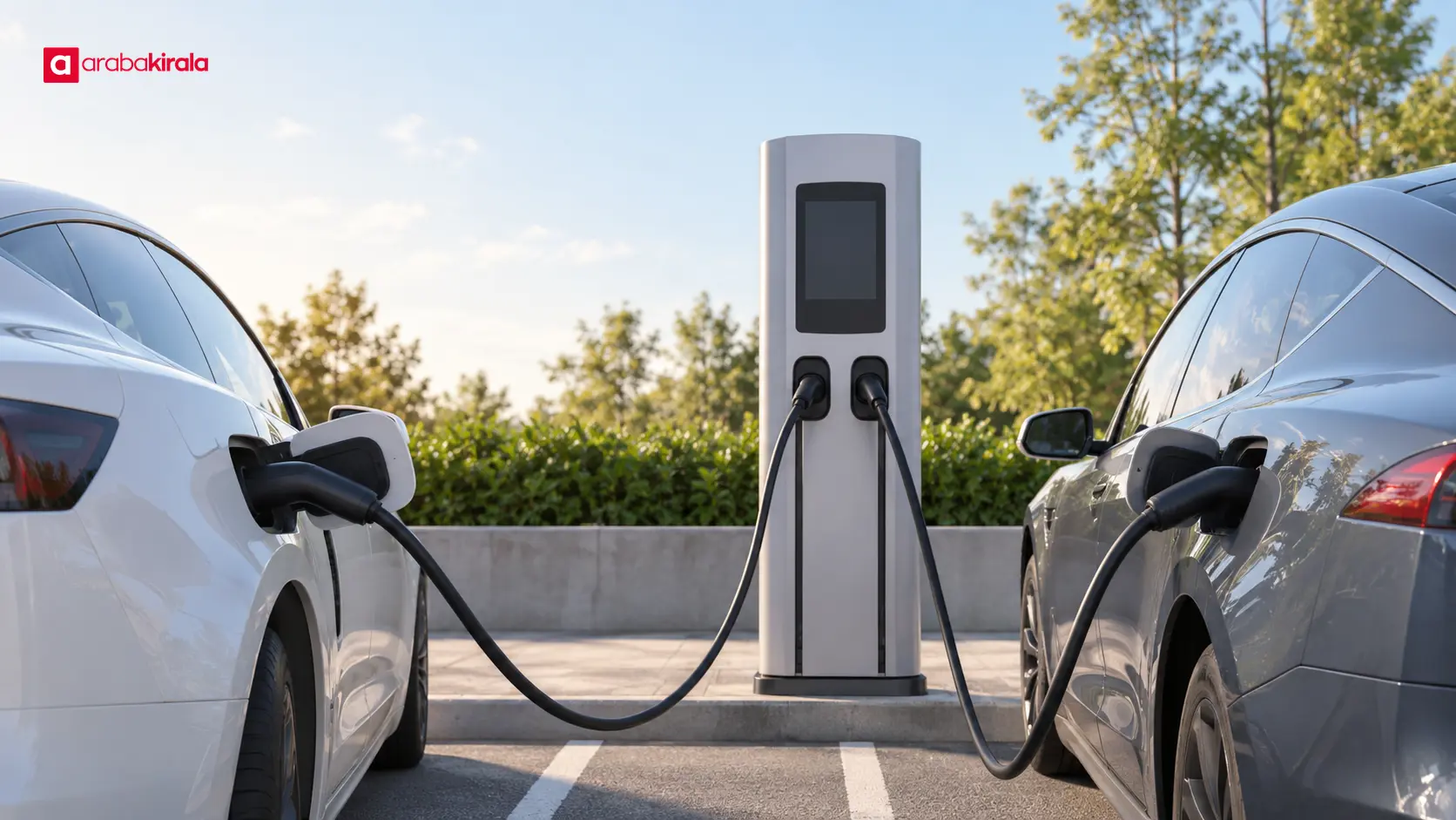 Aynı çift çıkışlı şarj ünitesine bağlanmış iki elektrikli otomobil Aynı çift çıkışlı şarj ünitesine bağlanmış iki elektrikli otomobil