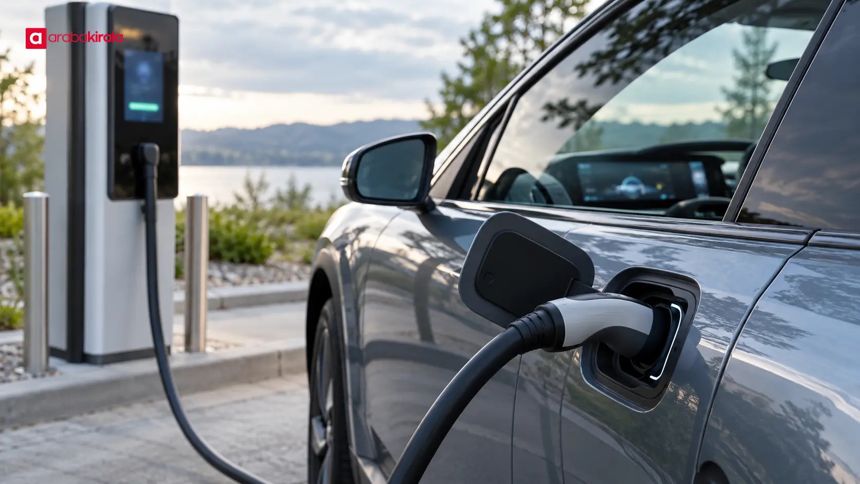 Şarj kablosu bağlı elektrikli otomobil ve güç ekranları Şarj kablosu bağlı elektrikli otomobil ve güç ekranları