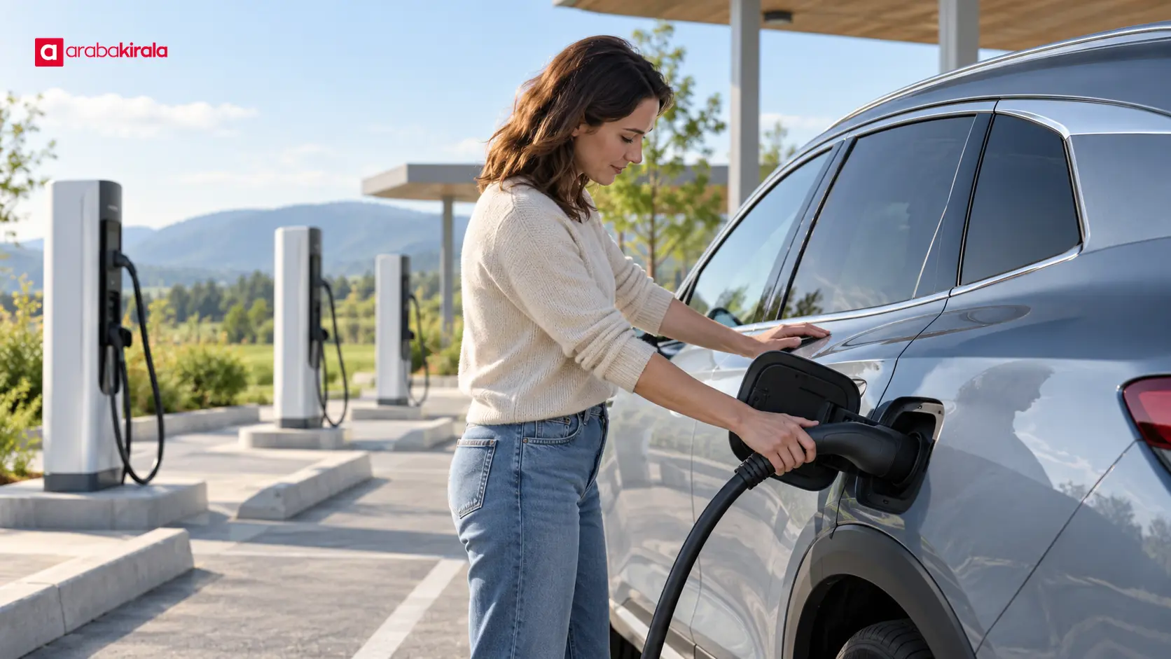 Sürücü şarj alanında elektrikli otomobilin bağlantısını kontrol ediyor Sürücü şarj alanında elektrikli otomobilin bağlantısını kontrol ediyor