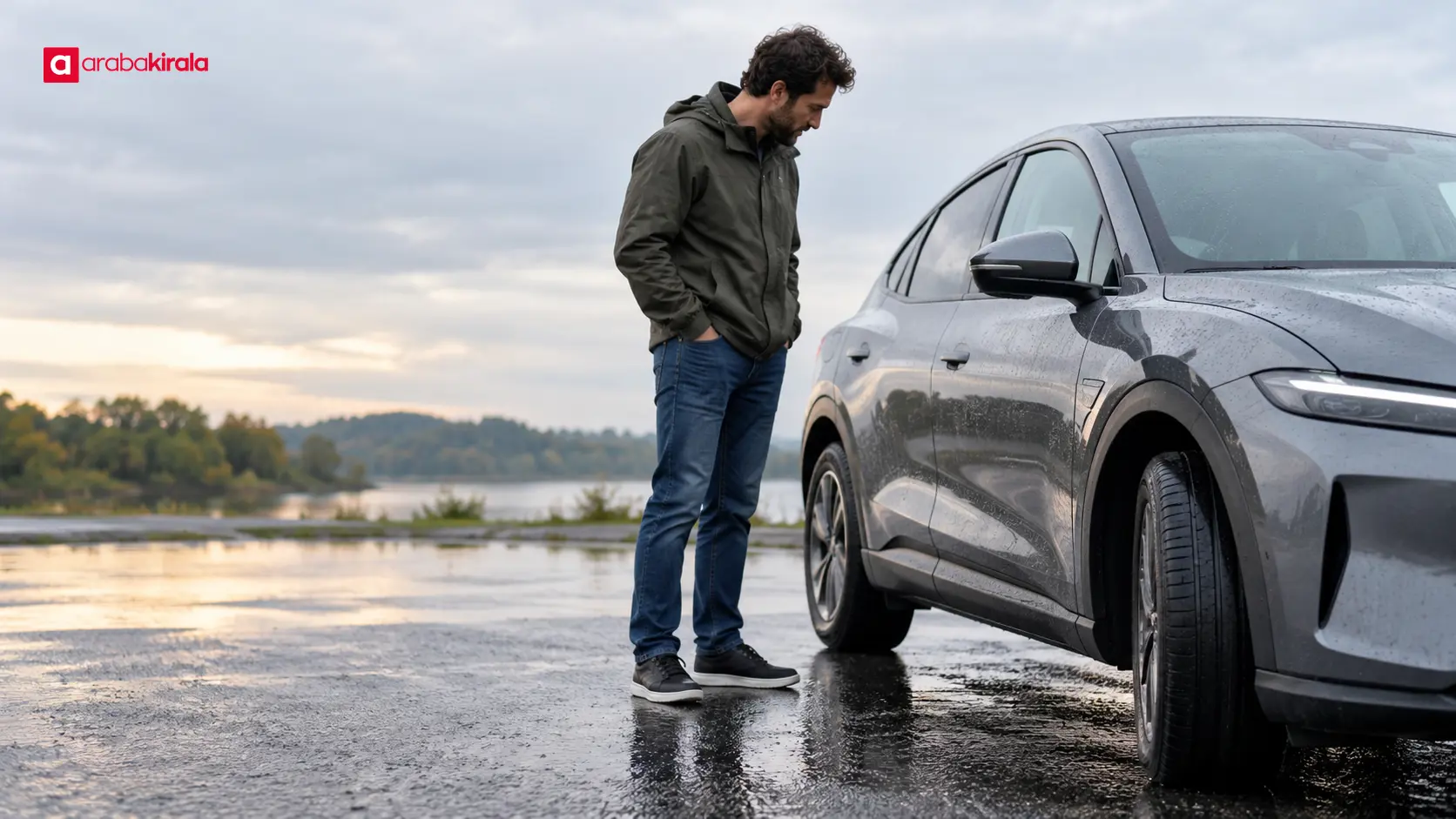Sürücünün ıslak zeminde lastik ve yol koşullarını gözlemlediği elektrikli araç Sürücünün ıslak zeminde lastik ve yol koşullarını gözlemlediği elektrikli araç