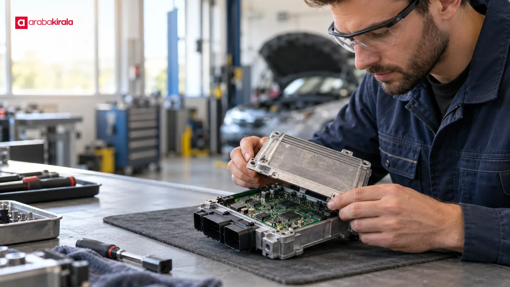 Bir otomotiv mühendisinin düzenli bir tezgâhta elektronik kontrol ünitesi ve devre kartını incelemesi Bir otomotiv mühendisinin düzenli bir tezgâhta elektronik kontrol ünitesi ve devre kartını incelemesi