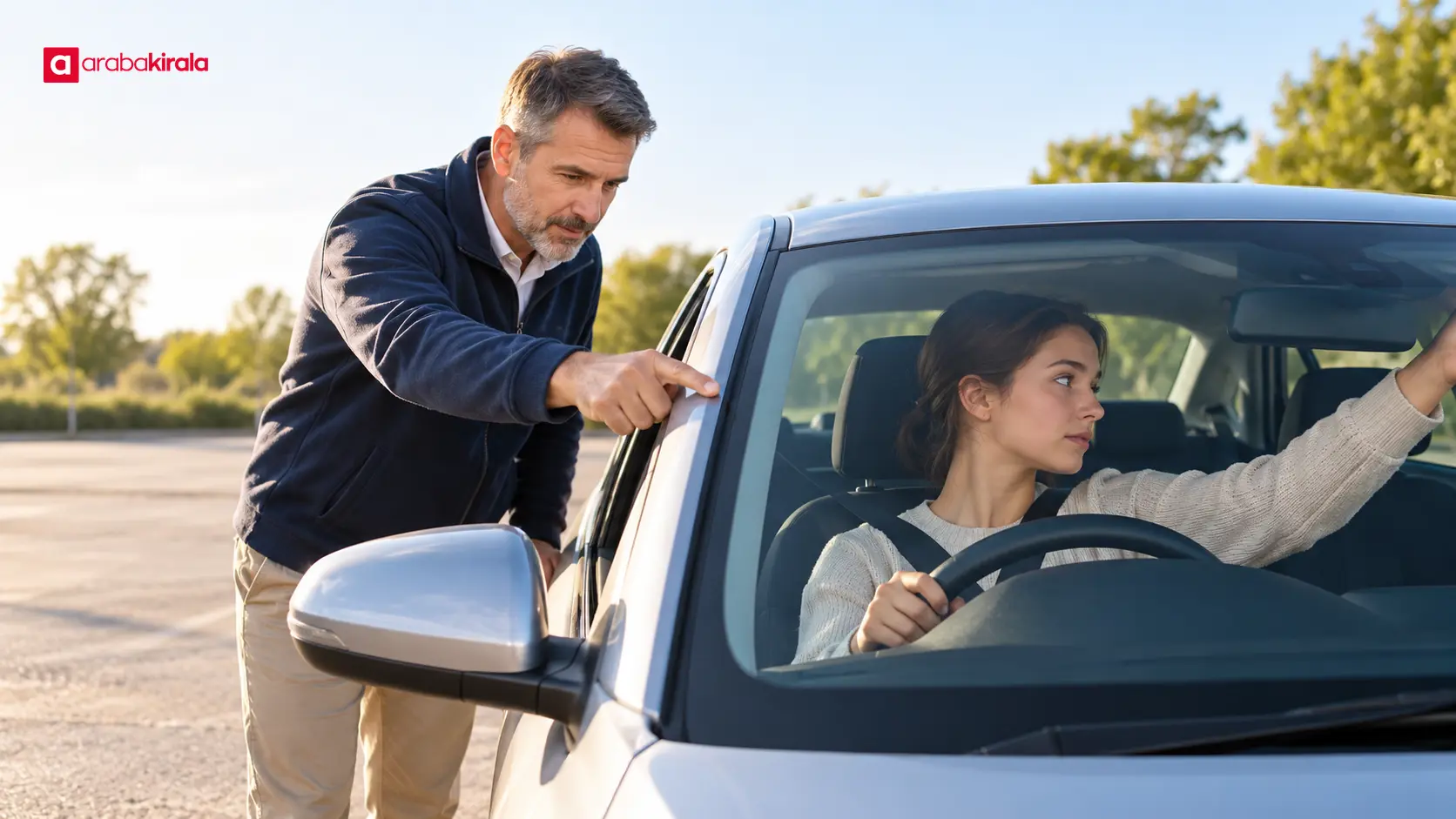 Eğitmen, park halindeki otomobilde sürücüye ön cam sütununu ve doğru oturma ayarını gösteriyor Eğitmen, park halindeki otomobilde sürücüye ön cam sütununu ve doğru oturma ayarını gösteriyor
