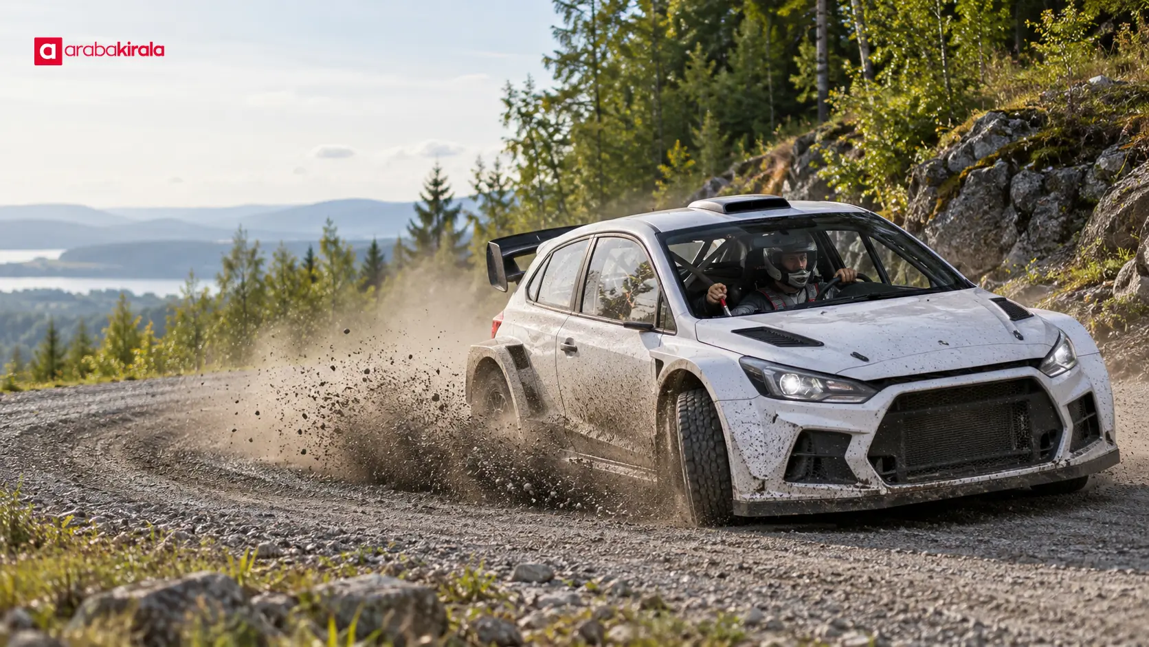 Ralli otomobili çakıllı parkurda dar saç tokası virajını el freniyle dönüyor