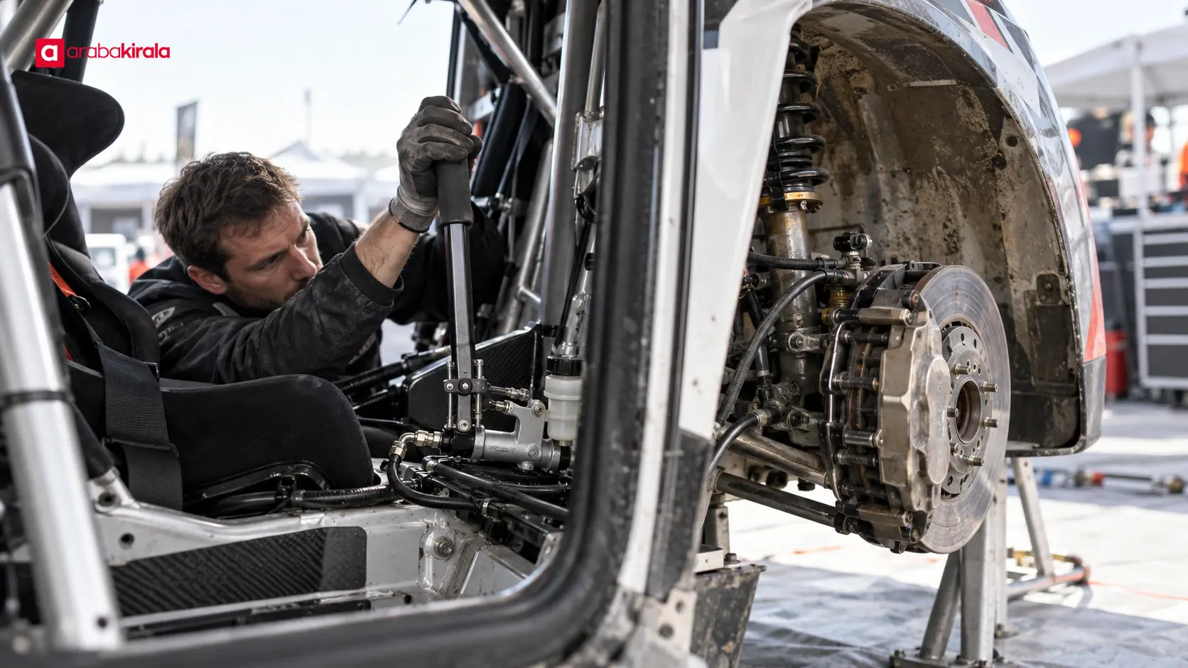 Servis alanında yarış otomobilinin hidrolik el freni ve arka frenleri kontrol ediliyor