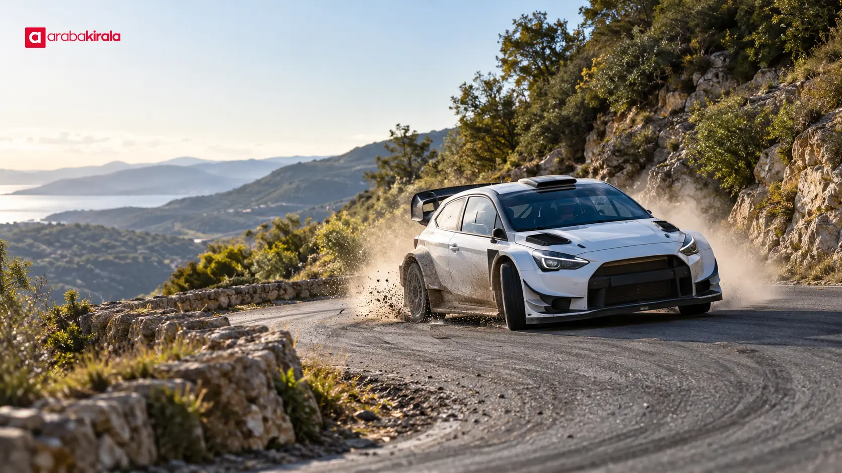 Ralli otomobili dar asfalt virajda kontrollü kayma açısıyla ilerliyor