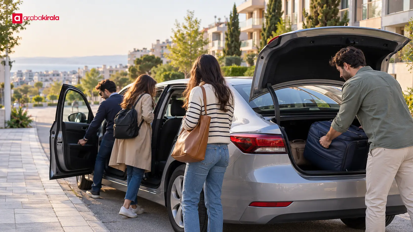 Beylikdüzü’nde kiralık araca yolcuların sırayla binmesi ve bagajın yerleştirilmesi